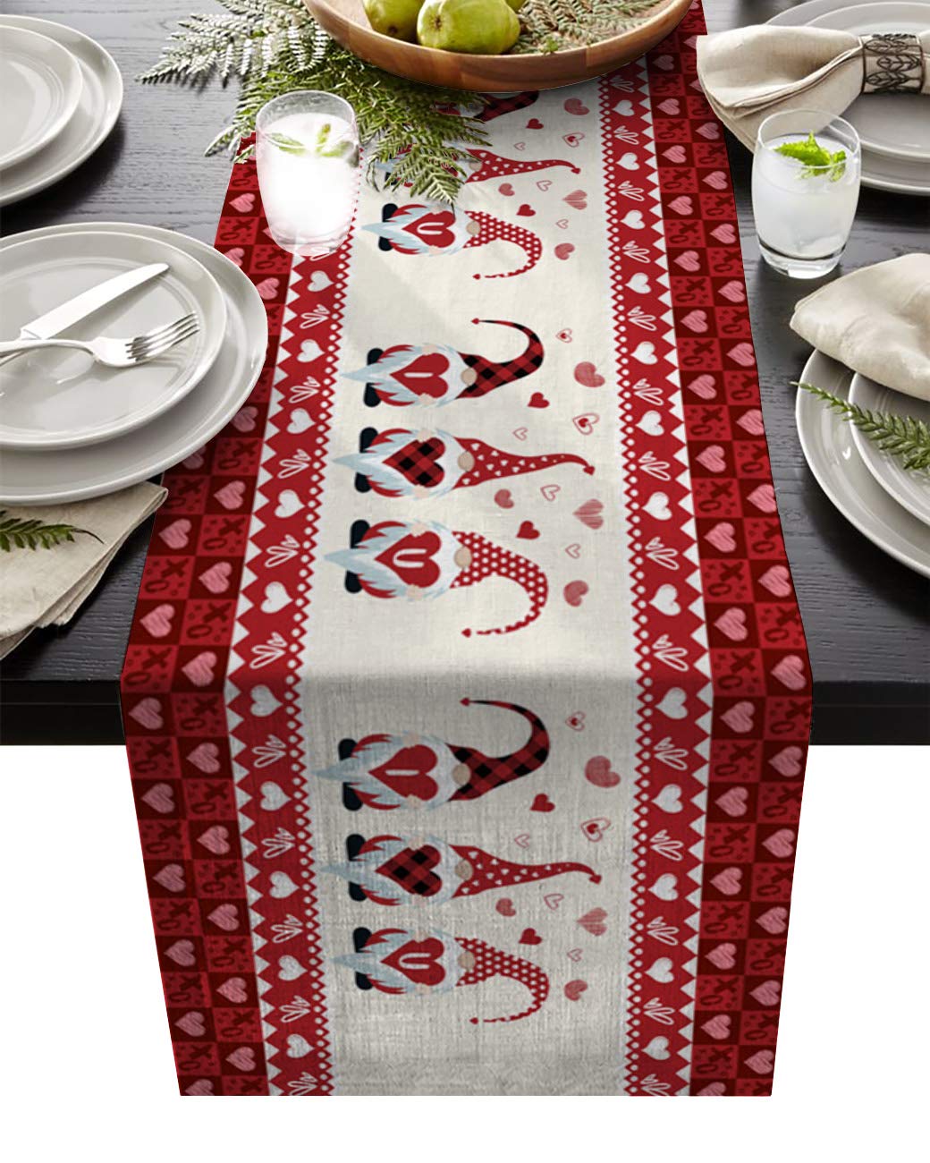 T&H XHome Linen Burlap Table Runner - 72 Inch Washable Farmhouse Decor for Kitchen, Dining Table, Dresser | Valentine's Day Gnome Love Theme | Perfect for Weddings, Parties & Home Decor