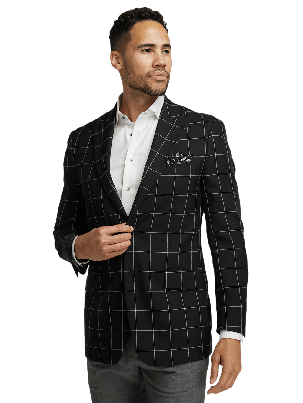 Wool Windowpane Single Breasted Peak Lapel Sport Coat - Black | Classic Business Blazer for Men | Perfect for Office, Weddings & Formal Events