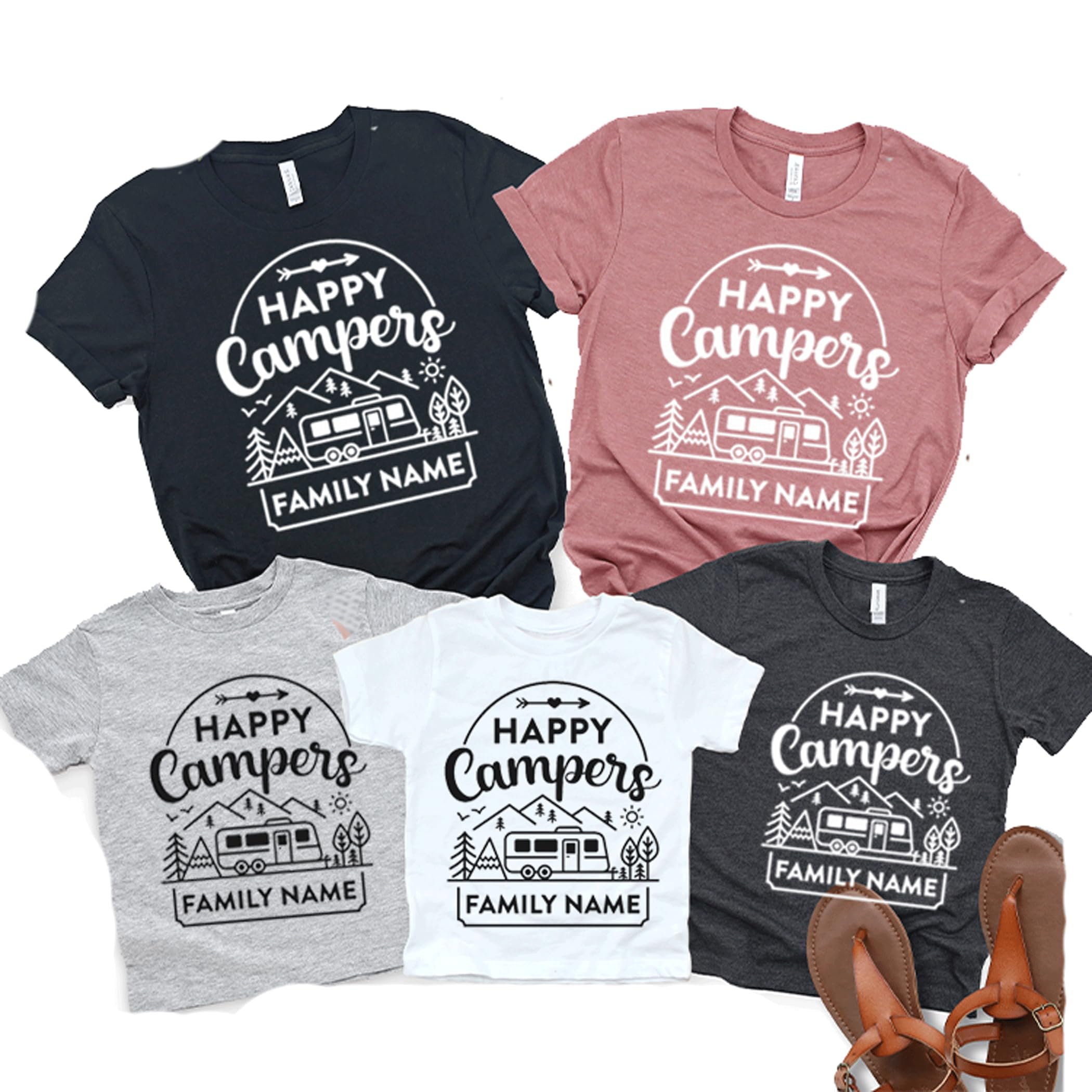 Custom Happy Camper Shirt - Personalized Name Camping T-Shirt for Family & Friends | Matching Camp Crew Outfits for Summer Trips & Outdoor Adventures