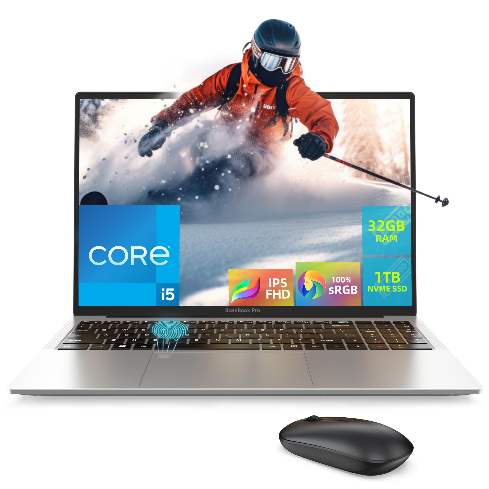 BaseBook Pro 16-inch Laptop - Intel Core i5 Processor, 32GB RAM, 1TB SSD, Iris Plus Graphics - 16:10 FHD IPS Display (1920x1200, 100% sRGB) - Ideal for Casual Gaming, Work & Productivity - Features Fingerprint Reader & LAN Port - Perfect for Home Office, Remote Work & Entertainment