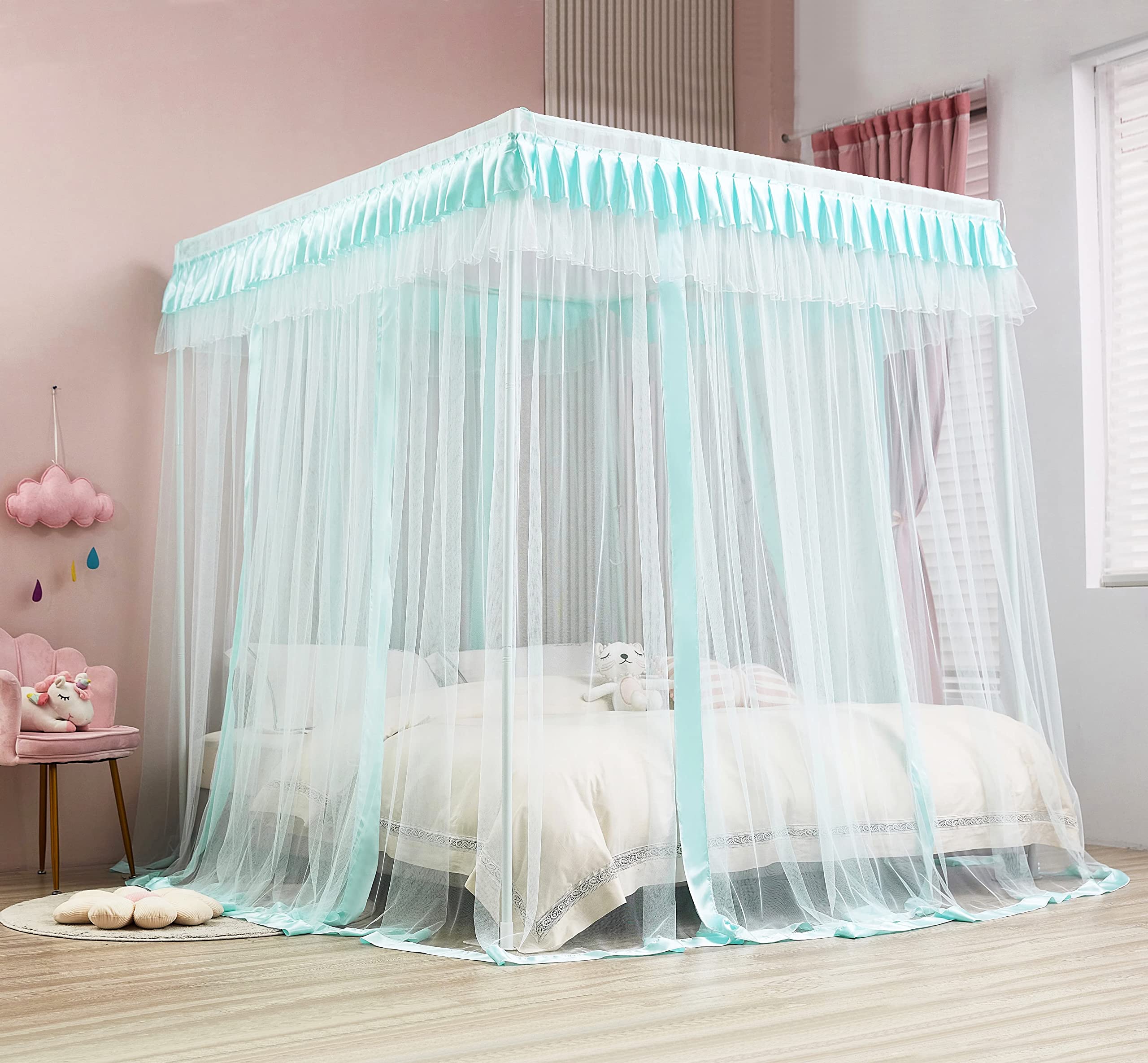 Luxury Mengersi Full Size Canopy Bed Curtains - Royal Cozy Drape Netting for Princess Bedroom Decor (Sky Blue) | Perfect for Kids Rooms, Nursery Decor & Fairy Tale Themed Bedrooms