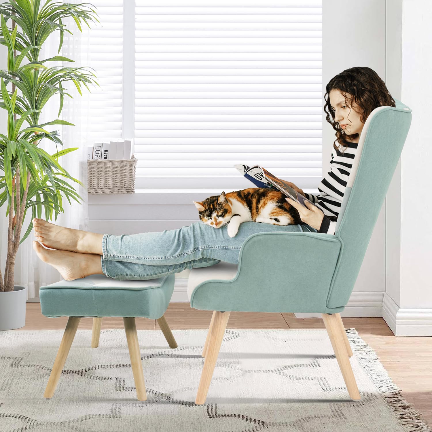 **Green Upholstered Accent Chair with Ottoman - High Back Armrest Living Room Chair, Comfy Fabric Armchair for Bedroom, Small Spaces & Reading Nook | Perfect for Relaxing, Lounging & Home Decor**