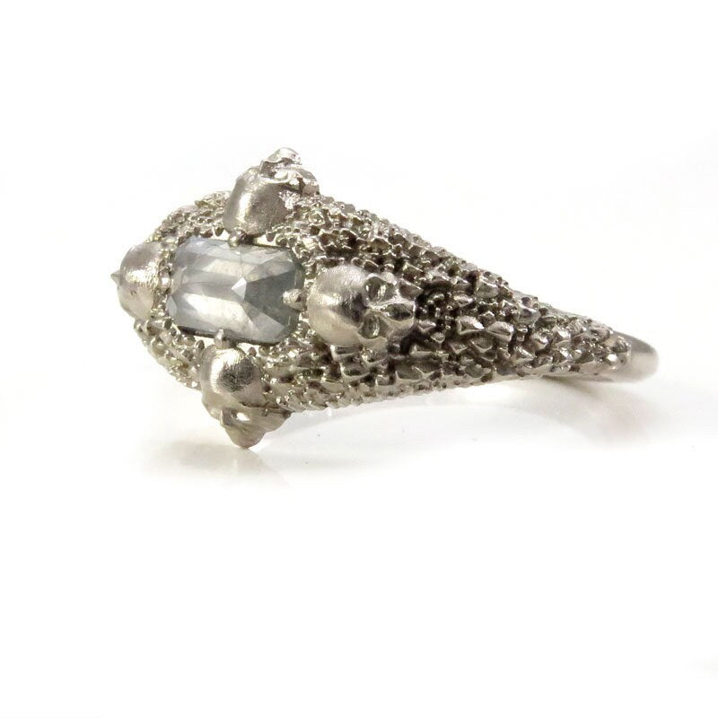 Haunted 4 Skull Diamond Solitaire Gothic Engagement Ring - Size 6 & 8 - 14k Palladium White Gold - Ready to Ship - Perfect for Dark Romance Weddings & Alternative Proposals