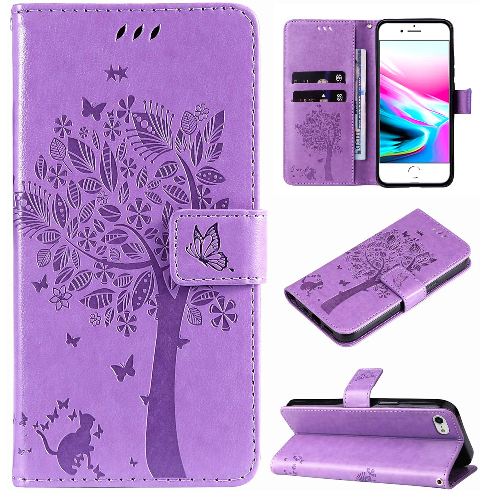 Premium Leather Wallet Case for iPhone SE 2022/2020 & iPhone 8/7 - Magnetic Flip Cover with Card Slots, Shockproof Protection & Stand Feature (Purple) | Perfect for Business Travel, Daily Commute & Hands-Free Viewing