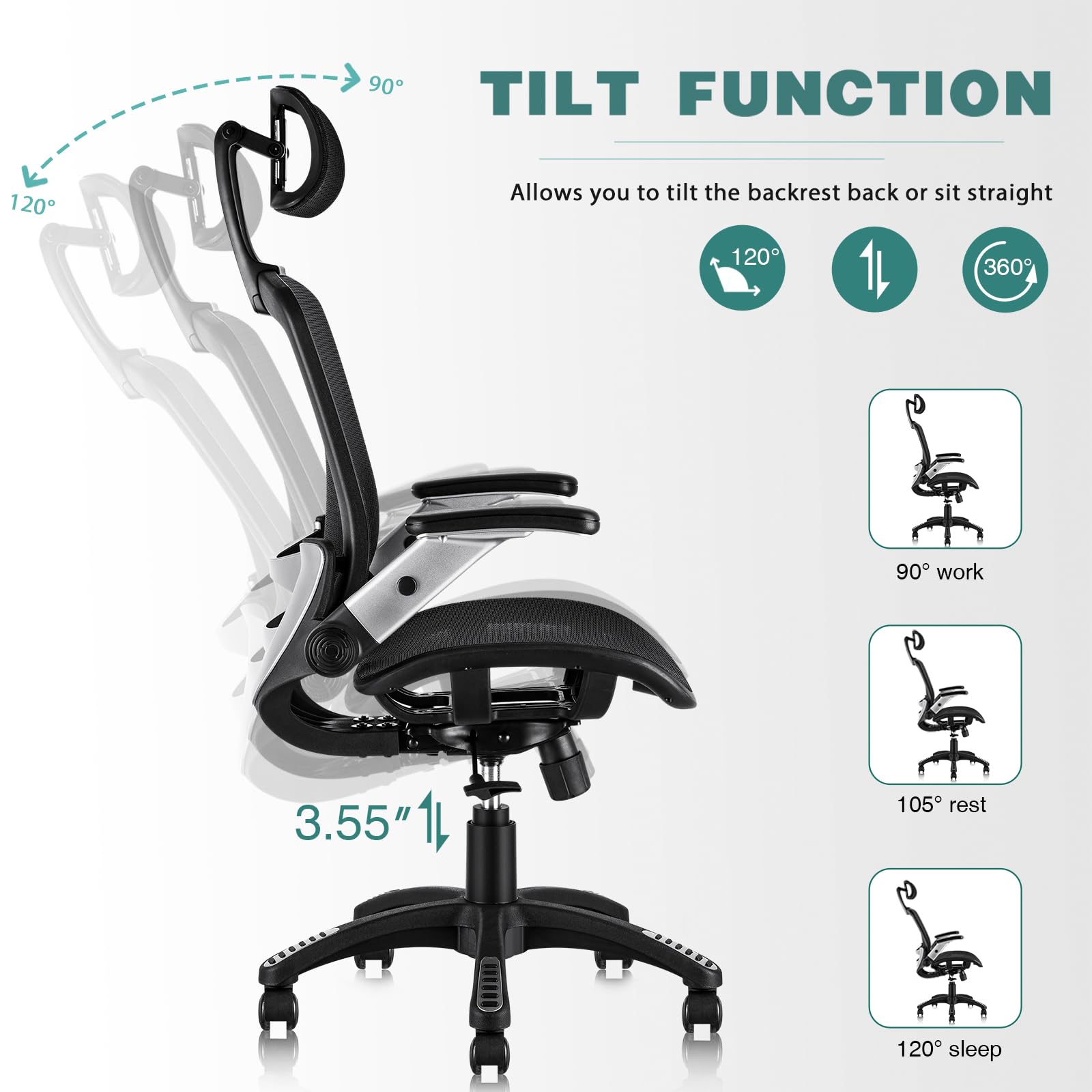 GABRYLLY Ergonomic Office Chair - High Back Mesh Computer Chair with Adjustable Headrest, Lumbar Support & Armrests, 400 lb Weight Capacity, 90-120° Reclining, Soft Seat Cushion - Perfect for Home Office, Gaming & Long Work Sessions