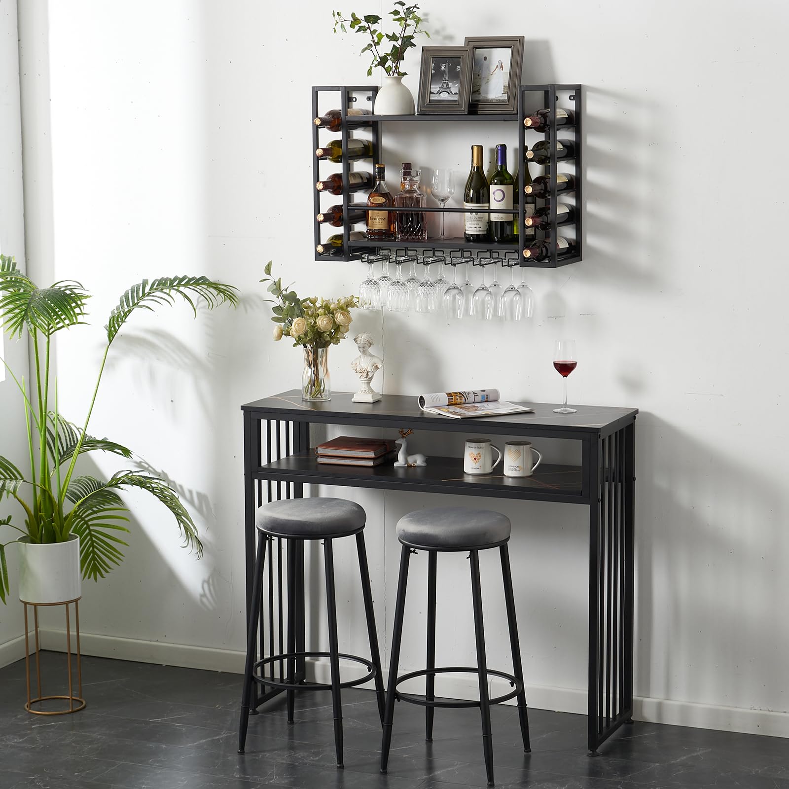 31.5 Inch Black Metal Wall Mounted Wine Rack with Glass Holder - Space Saving Wine Bottle Storage Display for Home Bar, Dining Room, Kitchen - Perfect for Entertaining Guests & Organizing Your Wine Collection