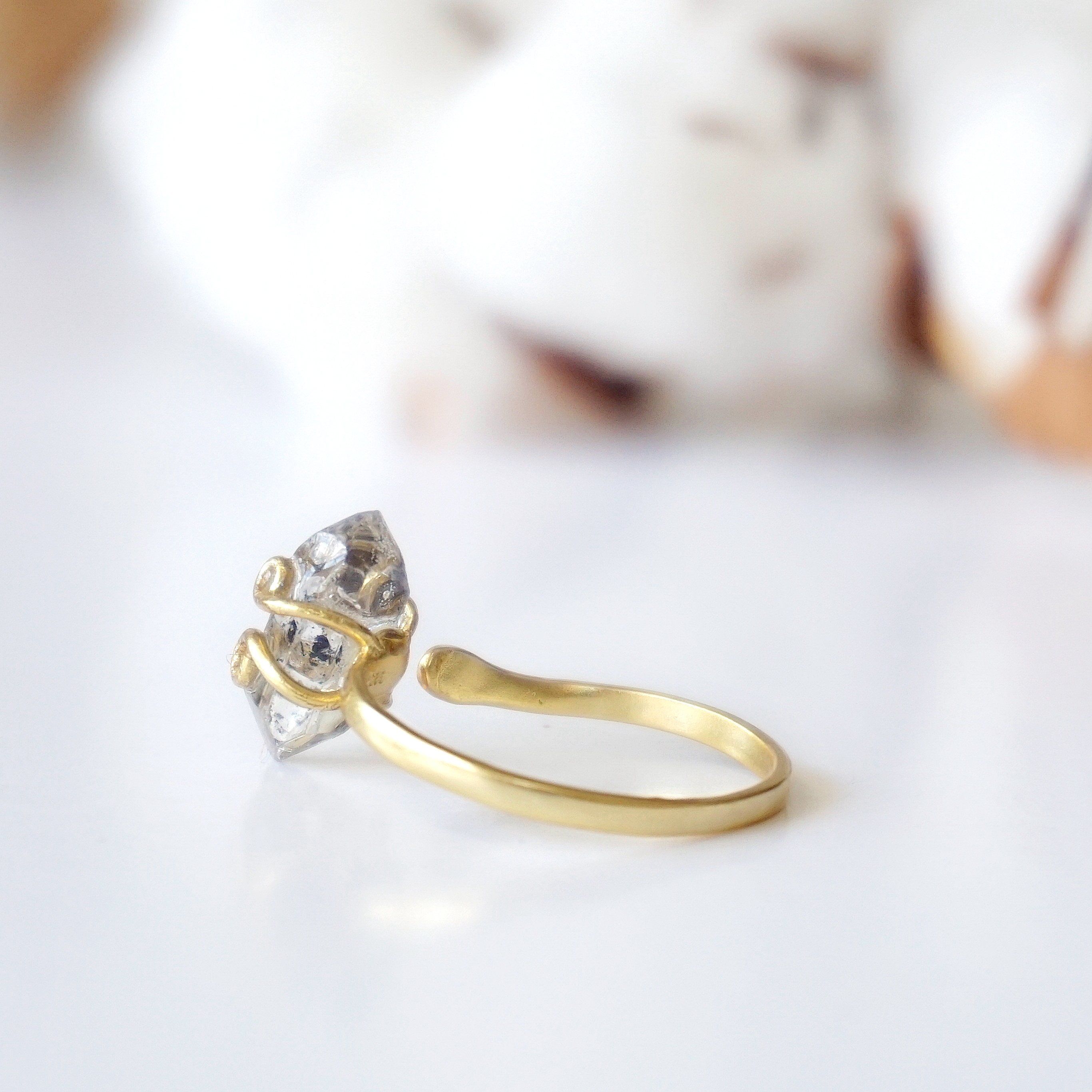 14K Gold Vermeil Adjustable Herkimer Diamond Ring - Elegant Stackable Jewelry for Everyday Wear & Special Occasions