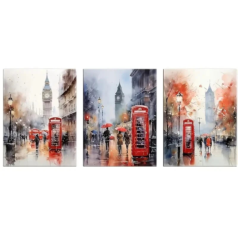 3-Piece London Red Telephone Booth & Big Ben Metal Wall Art - Ready to Hang Home Decor for Living Room, Office, or British-Themed Spaces