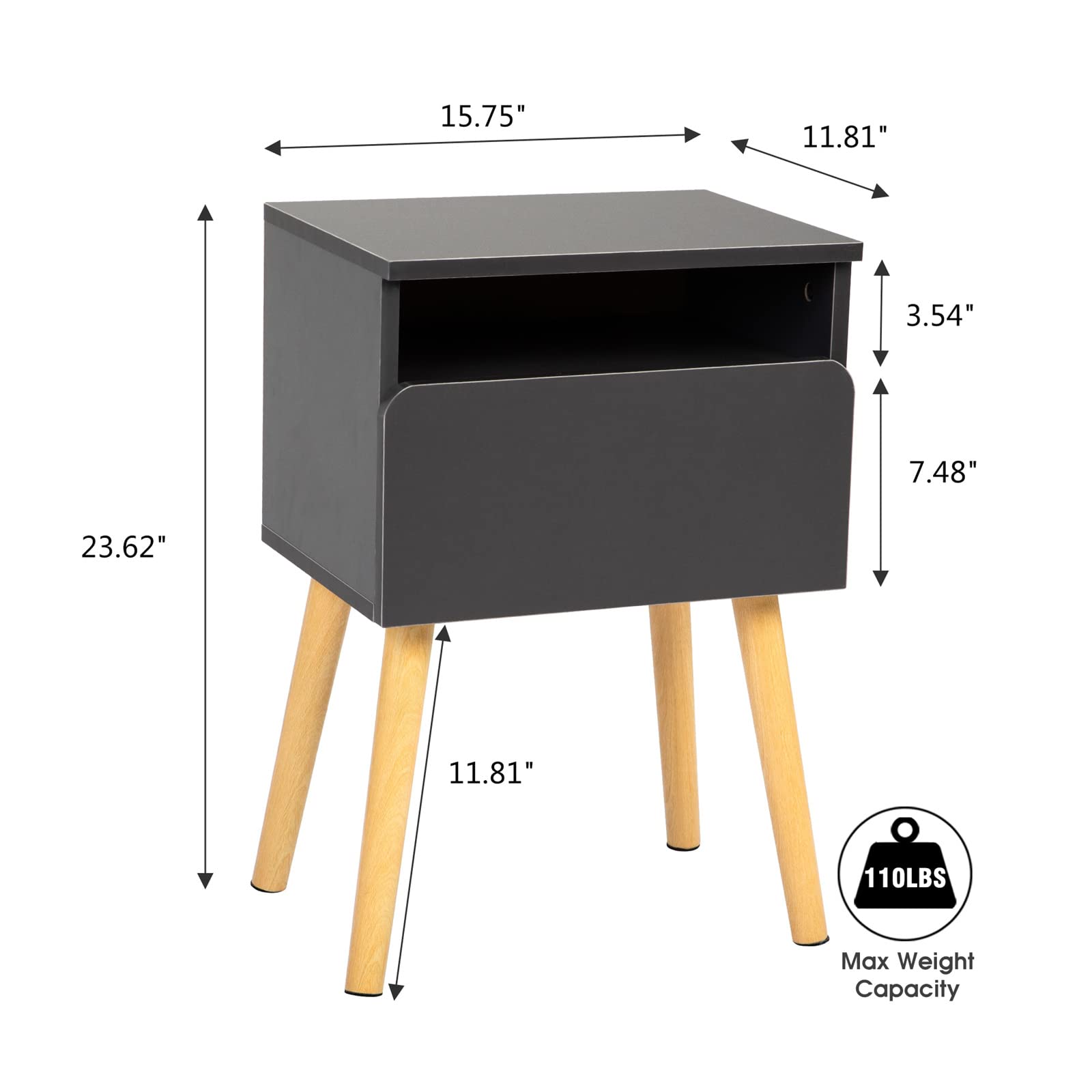 Modern Grey Wood Nightstand with Drawer & Open Shelf - Solid Wood End Table for Bedroom, Living Room & Sofa Side | Perfect for Small Spaces, Apartment Decor & Guest Room Furniture