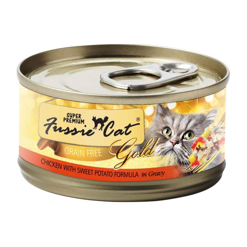 Fussie Cat Super Premium Grain-Free Chicken with Sweet Potato in Gravy Wet Cat Food - 24 Pack (2.82oz Cans) - High Protein, Natural Ingredients for Adult & Senior Cats - Perfect for Picky Eaters & Mealtime Enrichment