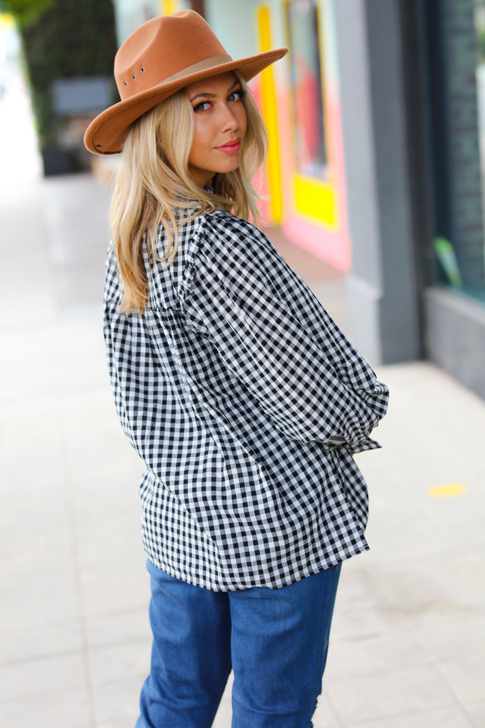 Stylish Black Gingham Shirred Yoke Mock Neck Frilled Top for Women | Vintage-Inspired Blouse for Casual Outfits & Date Nights