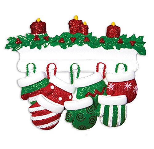 Personalized Christmas Ornaments - Red & Green Knit Mitten Family Set of 7 with Stocking Hanger & Candles - 2019 Custom Holiday Decor for Fireplace Mantel, Christmas Tree, and Festive Home Decoration