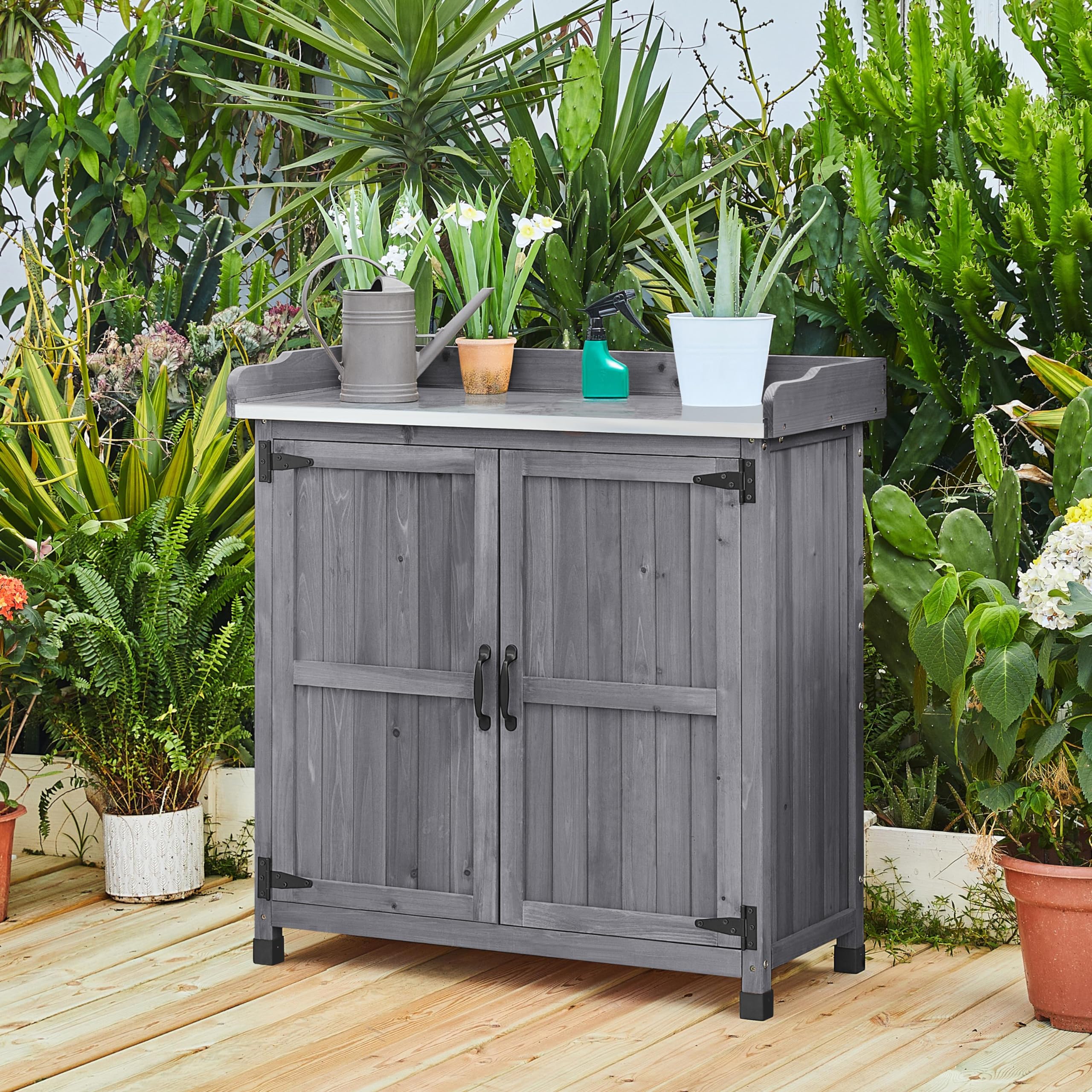 Yaheetech Outdoor Garden Potting Bench Table - Solid Wood Planting Workbench with Large Storage Space & Metal-Plated Tabletop - Gray - Perfect for Gardening, Planting, and Organizing Tools (Indoor/Outdoor Use)