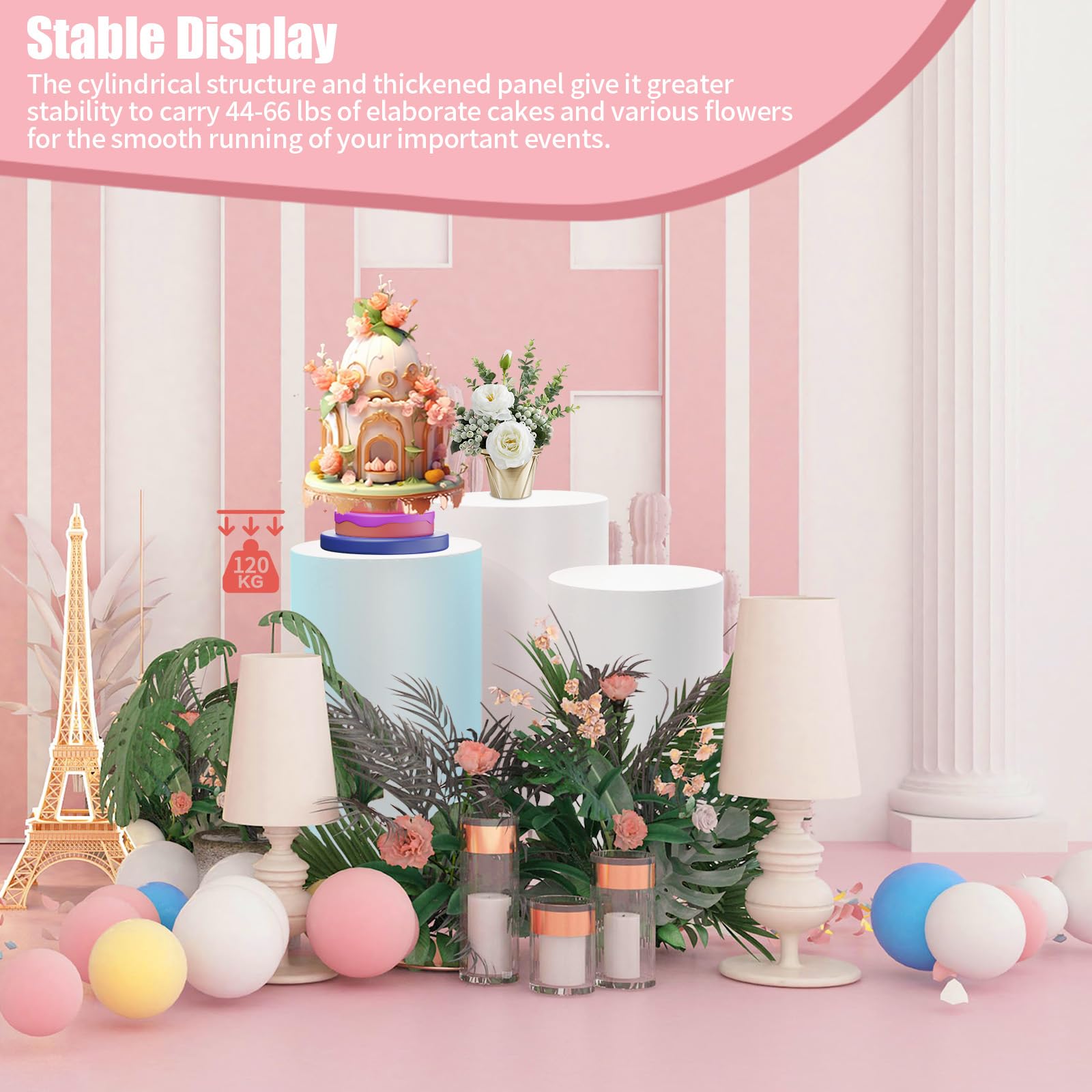 3Pcs White Cylindrical Display Stands for Cake, Flowers & Decor - Wedding, Party & Event Pedestal Stands - Perfect for Dessert Tables, Centerpieces & Home Decor
