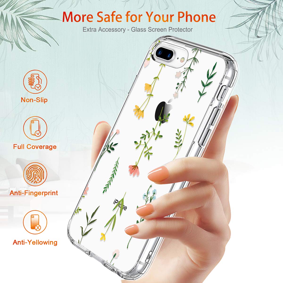 GiiKa Clear Heavy Duty Protective Case for iPhone 8 Plus/7 Plus with Screen Protector - Floral TPU Bumper Cover for Women & Girls | Perfect for Outdoor Activities, Work & Daily Use
