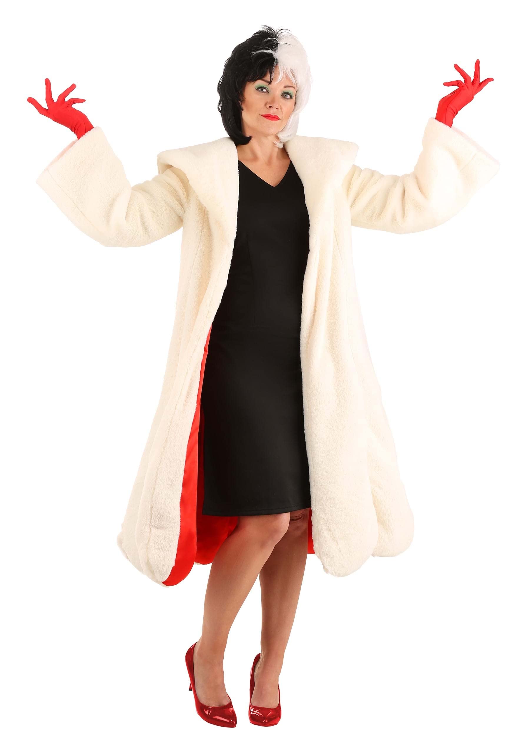 Disney 101 Dalmatians Cruella De Vil Costume for Women - Black Dress with White Faux Fur Coat | Halloween, Cosplay, Themed Parties, Movie Nights | Perfect for Disney Fans, Villain Costume Lovers and Dress-Up Events