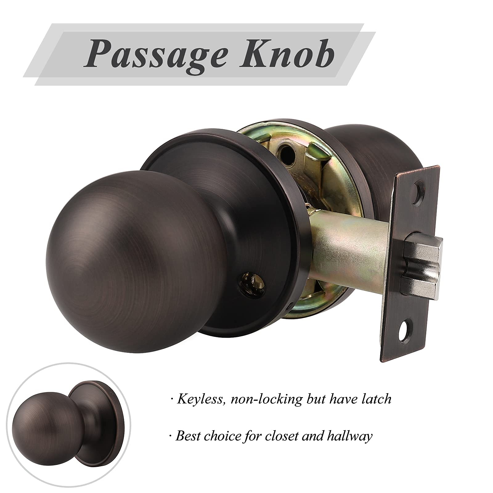 5 Pack Oil Rubbed Bronze Privacy & Passage Door Knob Set - Interior Bedroom Closet Door Handles for Home, Office & Hotel Rooms - Smooth Operation & Secure Locking Mechanism