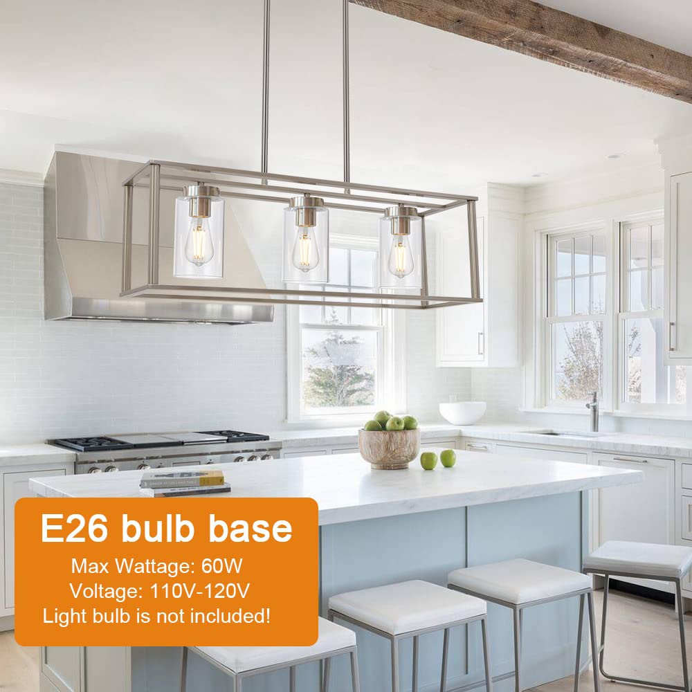 VINLUZ 3-Light Brushed Nickel Linear Chandelier with Clear Glass Shade - Modern Kitchen Island Pendant Light, Farmhouse Dining Room Ceiling Fixture for Living Room, Bar & Restaurant Lighting - Perfect for Home Decor and Commercial Spaces