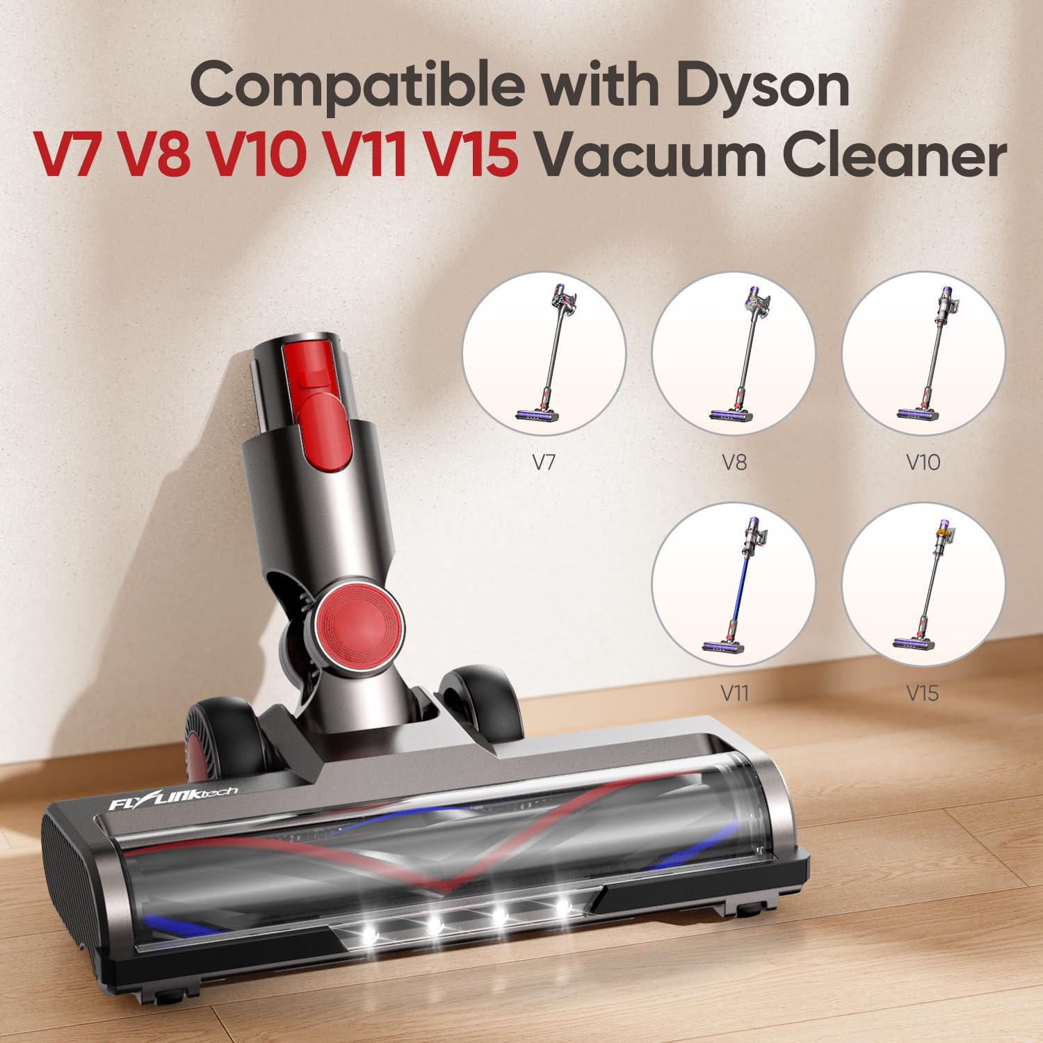 FLYLINKTECH V7-V15 Vacuum Brush Head with LED for Hardwood Floors - Home Cleaning