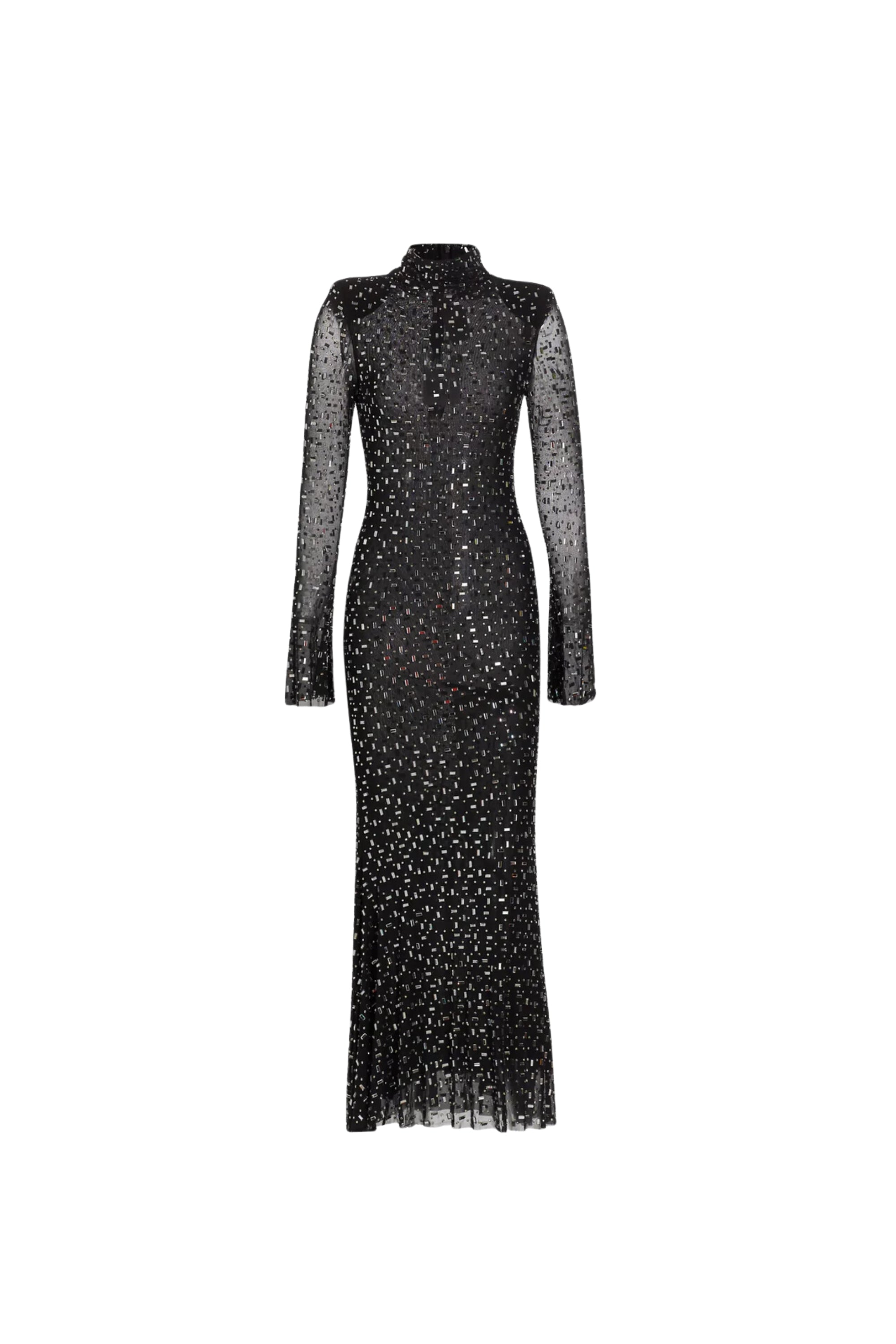 Elegant Black Crystal Embellished Mesh Midi Dress for Women - Perfect for Evening Parties, Weddings & Special Occasions