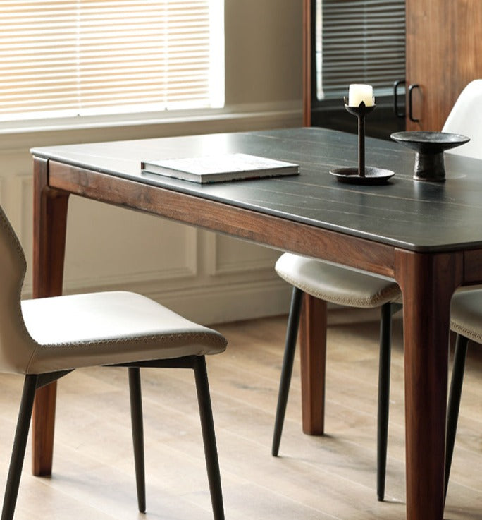 Premium Black Walnut Wood Dining Table with Natural Slate Stone Top - Elegant Farmhouse Style for Dining Room, Kitchen, or Rustic Home Decor