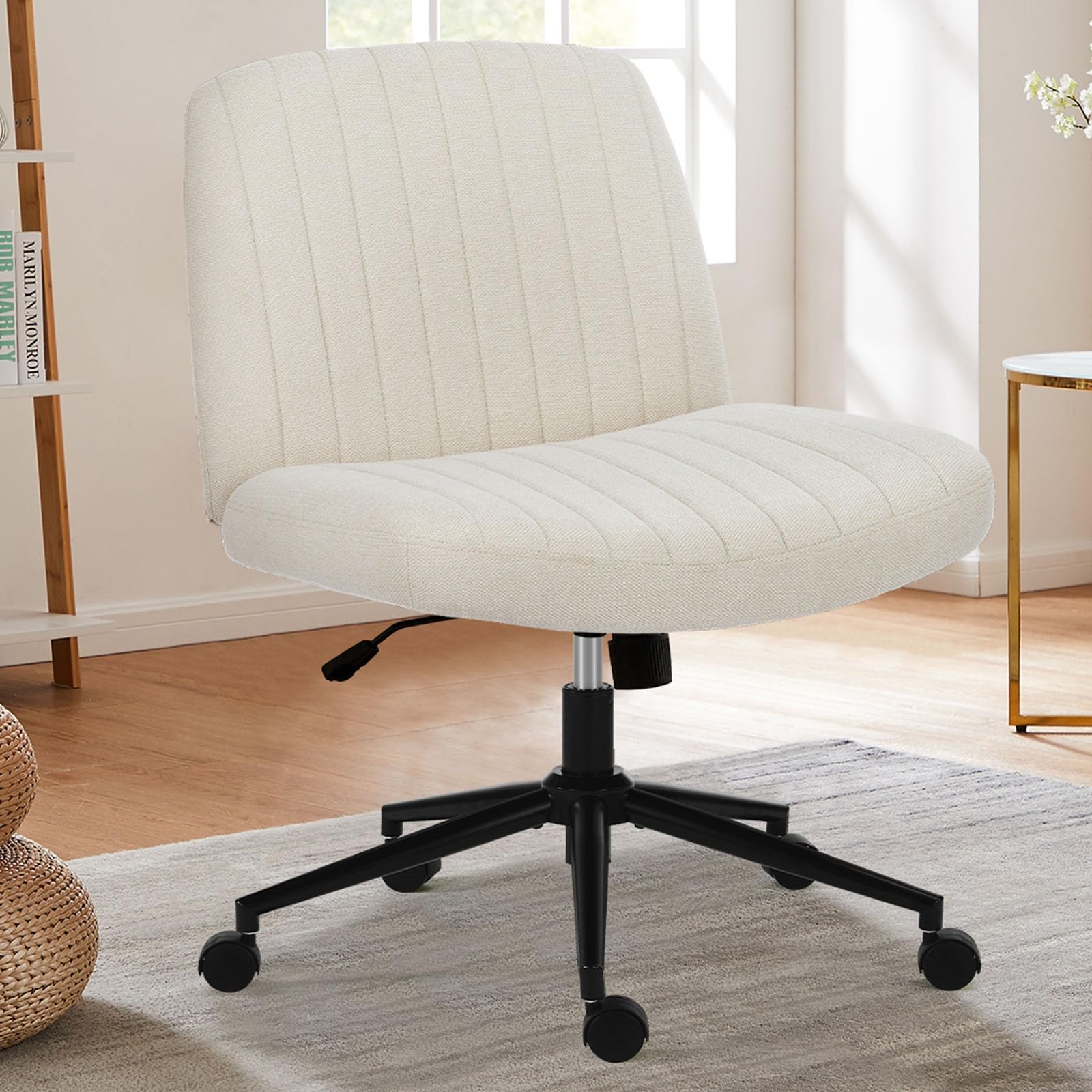 Sweetcrispy Criss Cross Chair Legged Armless Office Desk Chair with Wheels - Swivel Vanity Height Adjustable Wide Seat Computer Task Chair for Home & Office - Beige - Perfect for Workstations, Gaming & Study Spaces