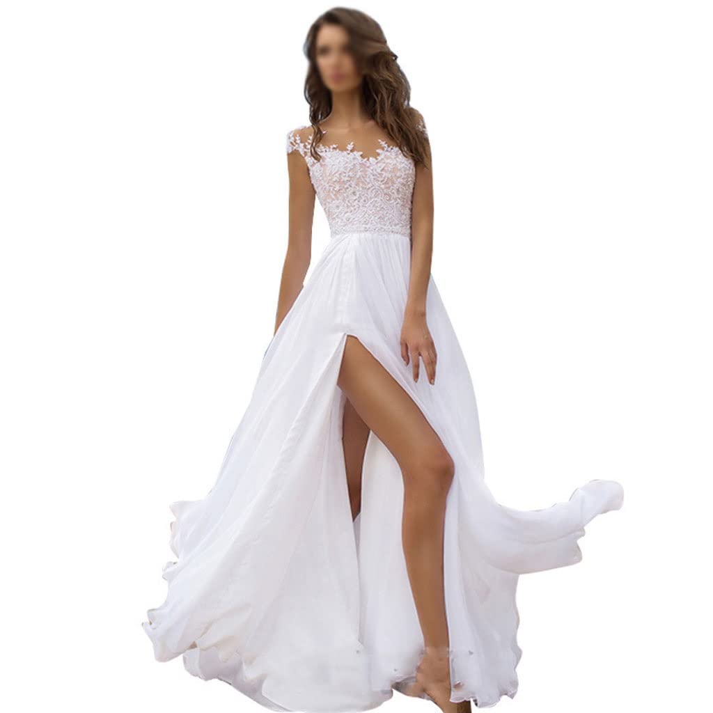 Elegant White Lace Chiffon Wedding Dress for Women - Sleeveless High Waist A-Line Evening Gown with Slit | Perfect for Bridal, Prom, Formal Events & Special Occasions (Color: A, Size: XL)