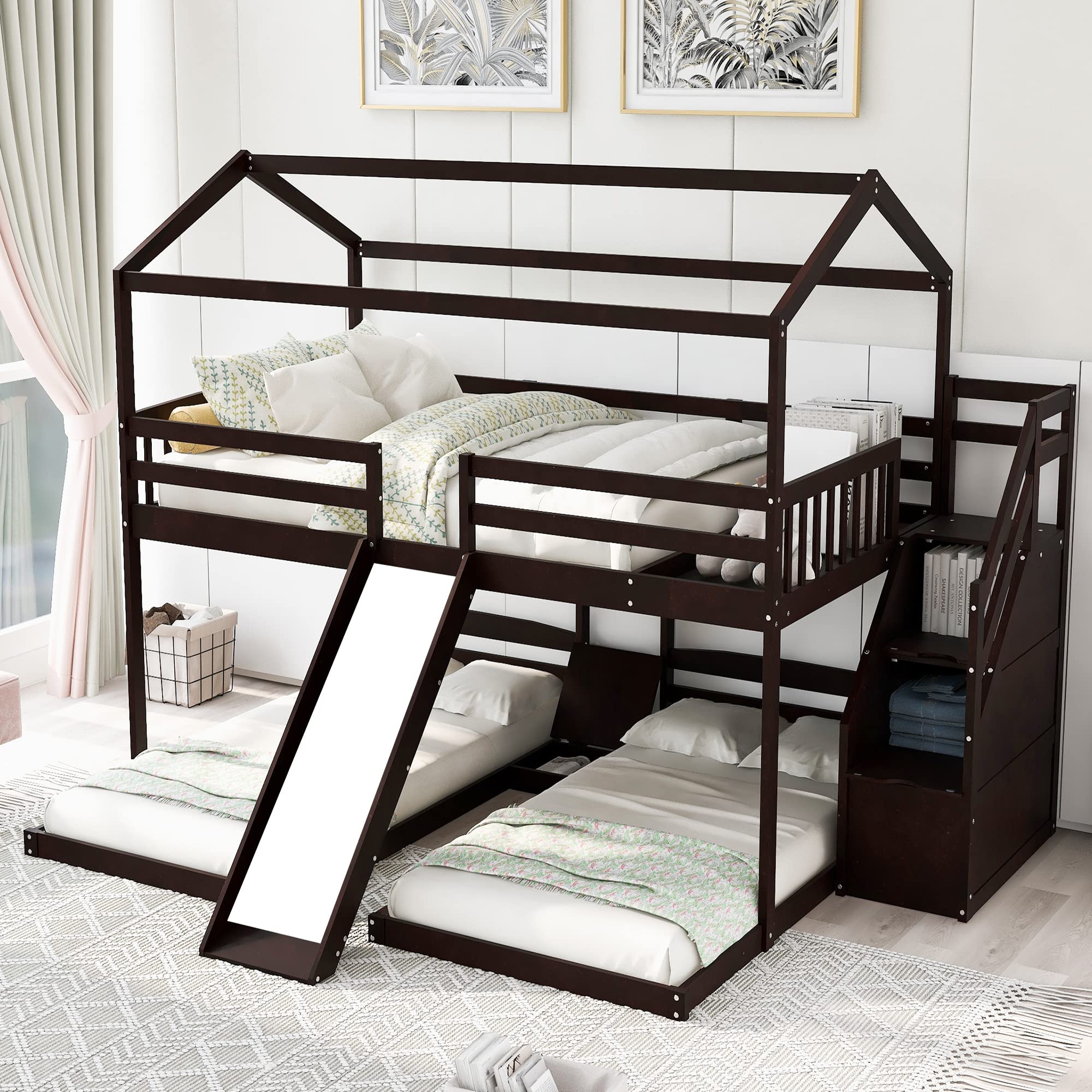 Triple House Bunk Bed Full Over 2 Twin Bunk Bed with Built-in Storage Staircase, Drawers & Slide - Space Saving Bunk Bed for Kids, Teens & Adults - No Box Spring Needed - Espresso Finish - Perfect for Small Bedrooms, Vacation Homes & Shared Kids' Rooms