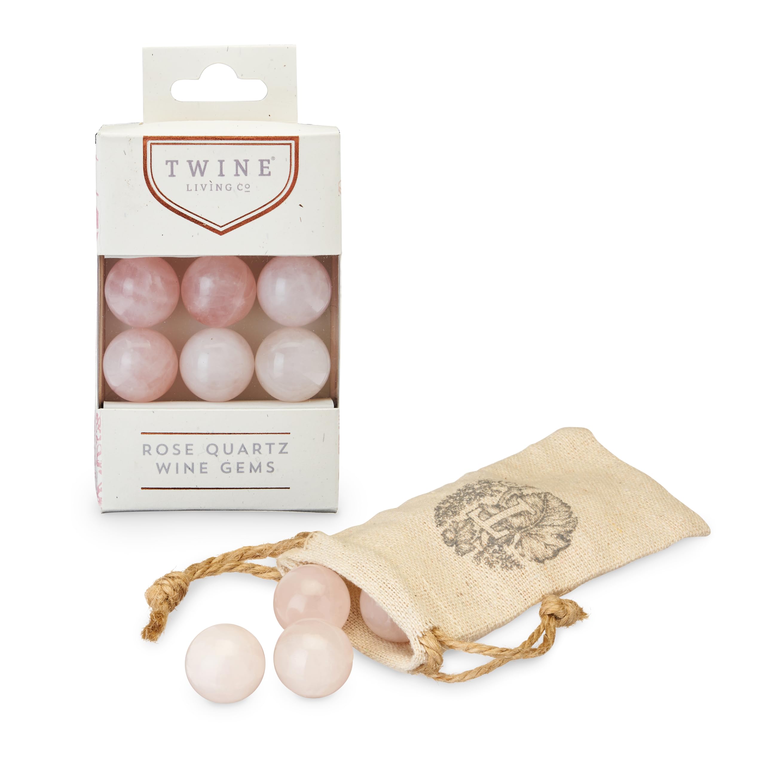 Twine Rose Quartz Wine Gems - Set of 6 Pink Drink Chillers & Whiskey Stones | Real Polished Rose Quartz Stone Spheres for Wine, Cocktails & Whiskey | Perfect for Parties, Gifts & Home Bars