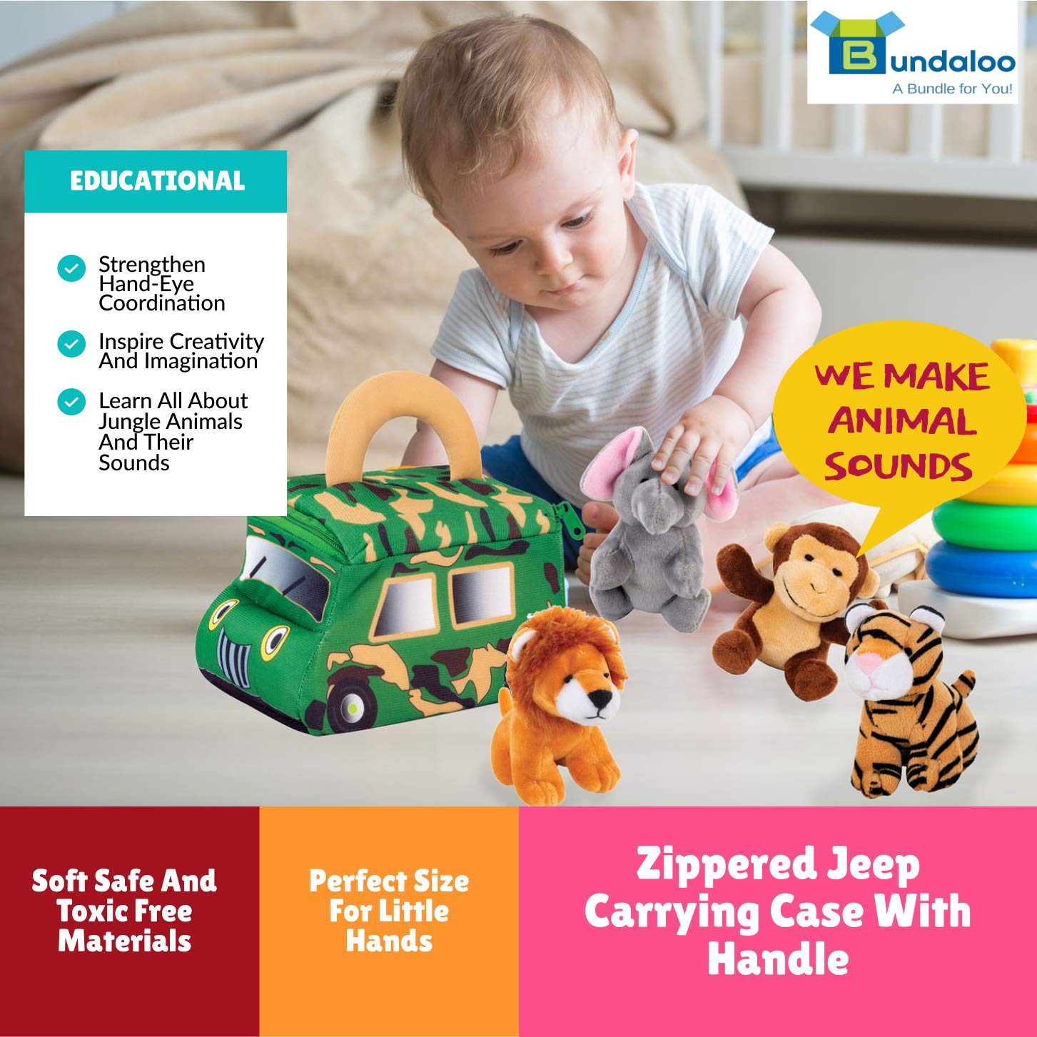 Bundaloo Plush Jungle Animals Set with Realistic Sounds - Soft Stuffed Animal Toys for Kids with Safari Truck Carrier - Mini Tiger, Lion, Monkey & Elephant - Perfect for Pretend Play, Nursery Decor & Safari-Themed Birthday Gifts