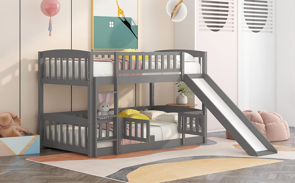 Twin Over Twin Low Bunk Bed with Slide & Safety Rail - Solid Wood Convertible Loft Bed with Ladder for Kids, Teens & Toddlers | Space-Saving Bedroom Furniture for Small Rooms & Shared Kids' Rooms (Grey)