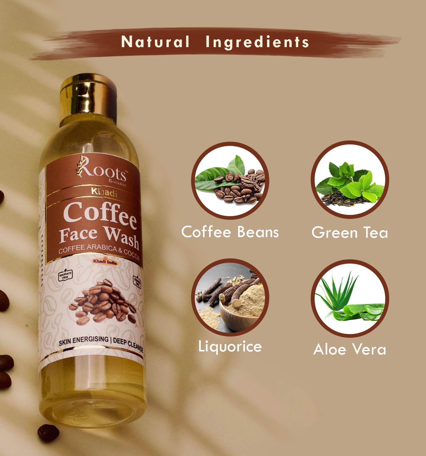 Roots Botanix Coffee Face Wash for Glowing Skin - Brightening & De-Tan Cleanser | Anti-Pollution & Pimple Control | Natural Liquid Soap (200ml) | Perfect for Daily Skincare & Morning Routine
