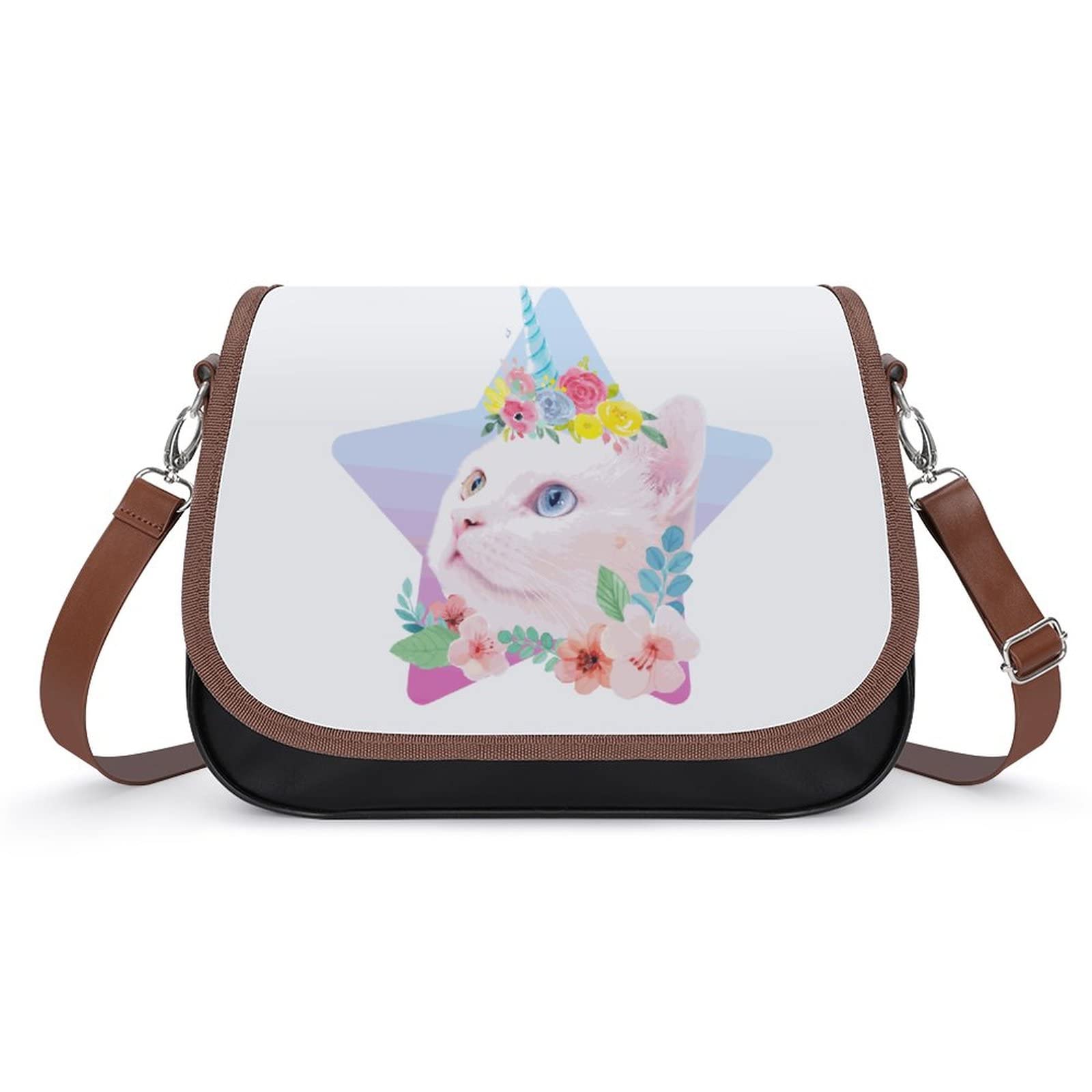 Stylish Women's Crossbody Bag - Genuine Leather Satchel with Cat, Unicorn & Floral Prints - Casual Shoulder Messenger Purse for Daily Use, Travel & Shopping