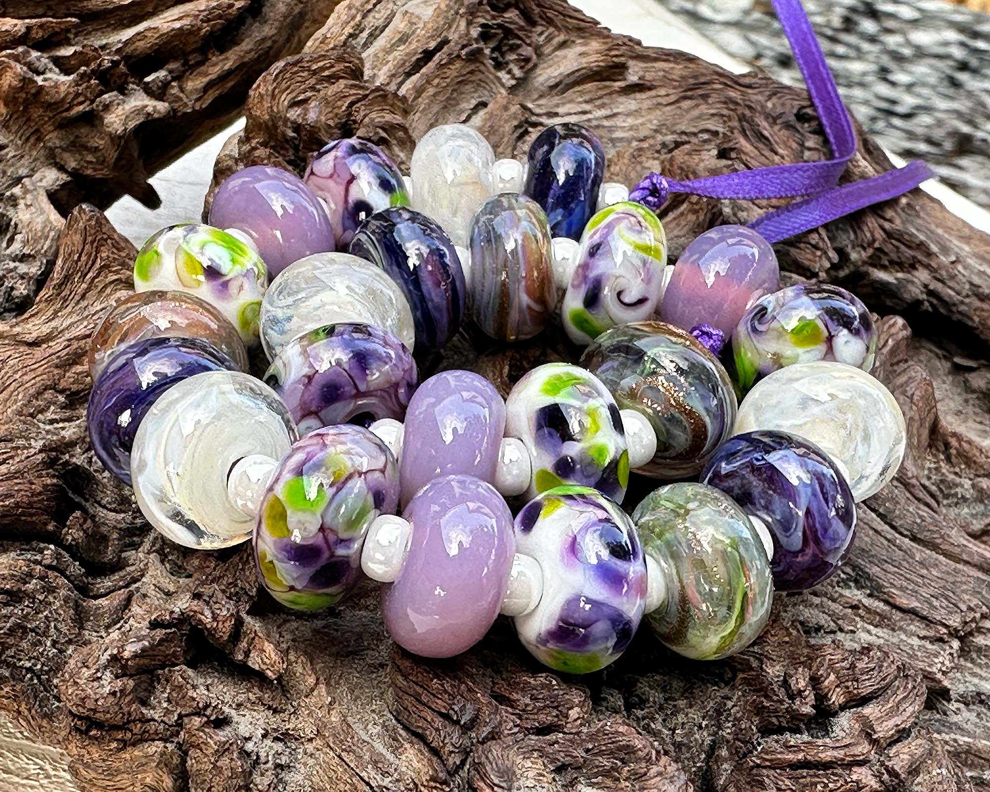24 Purple Pink Petal Swirl Lampwork Glass Beads for Jewelry Making - DIY Bracelets, Necklaces & Craft Projects - Handmade Artisan Beads for Boho Style Accessories