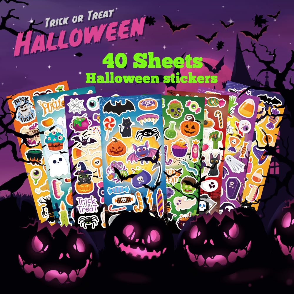 40 Sheets Cute Halloween Stickers - 800+ Fun Halloween Stickers for Kids, Halloween Party Favors & Crafts, Kids Halloween Games & Decorations - Perfect for Halloween Parties, DIY Projects, Scrapbooking & Home Decor