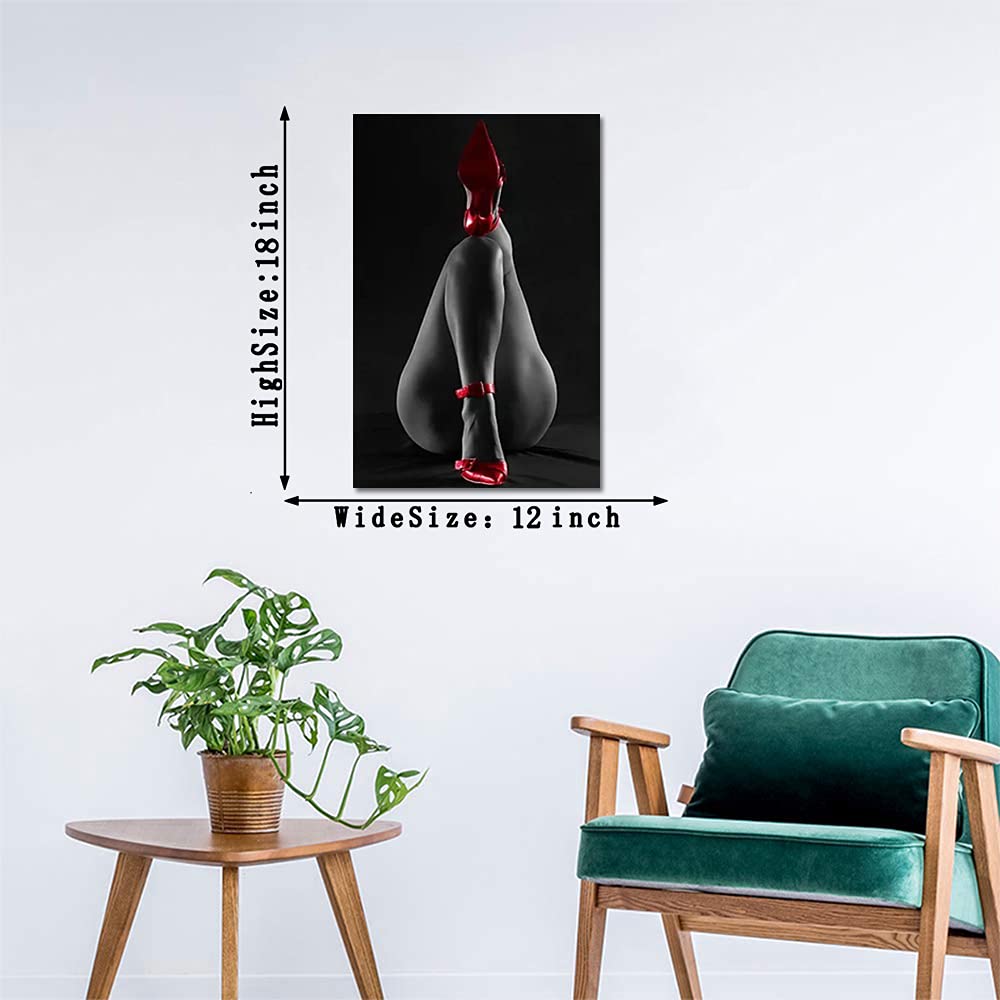 Modern Red High Heels & Elegant Female Silhouette Wall Art - Sexy Beauty Canvas Print with Gray Black Background - Framed Poster Ready to Hang (12