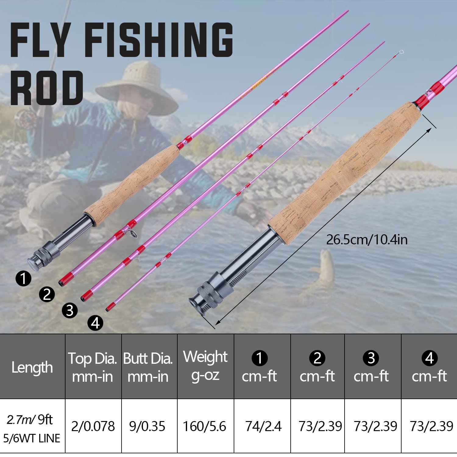 Sougayilang 4-Piece 9-Foot Lightweight Fly Fishing Rod - Ultra Portable Travel Fishing Pole for Trout, Salmon, Sunfish - Perfect for Backpacking, Camping & River Fishing Adventures