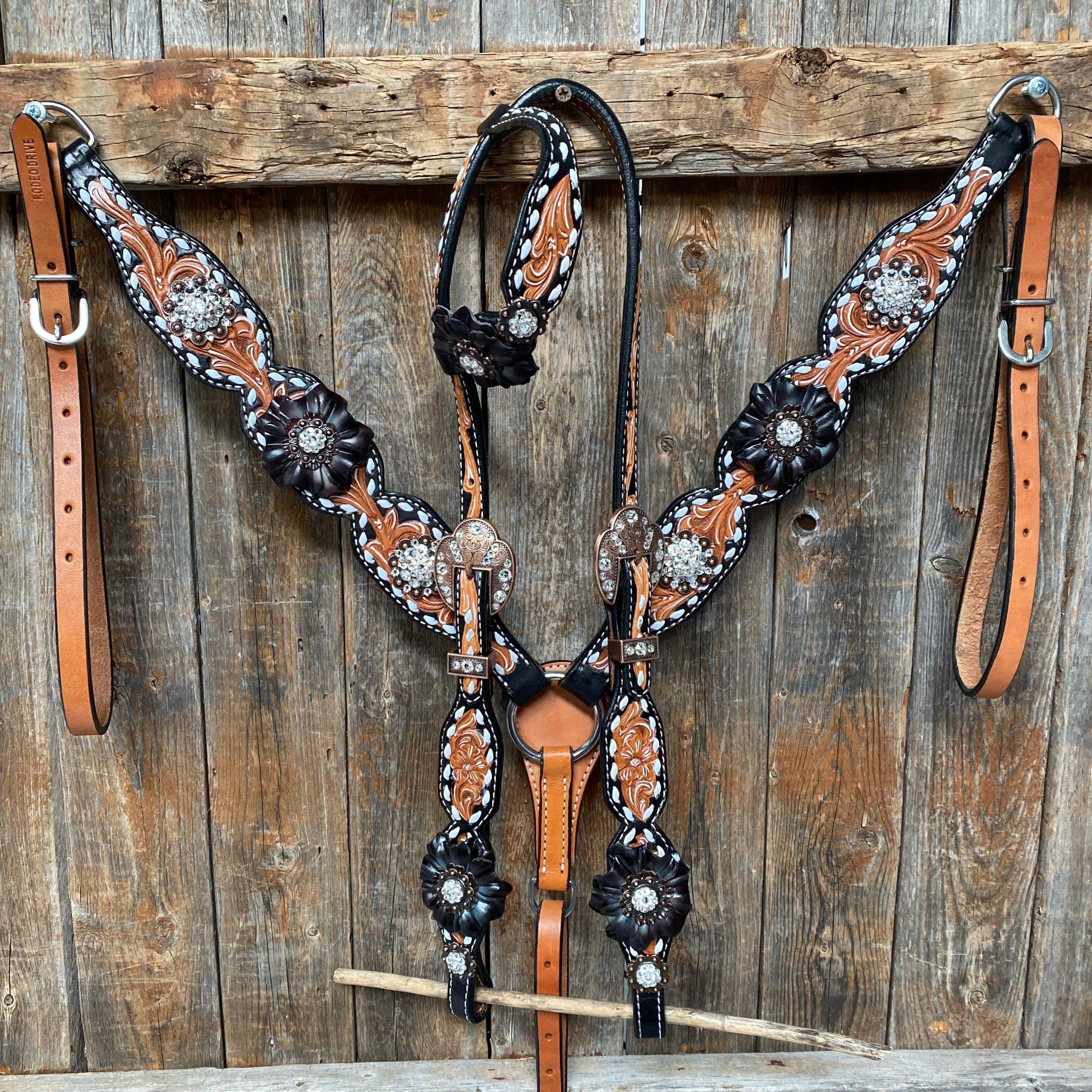 Classic Black and Clear Browband with One Ear Tack Set #BBBC499 - Perfect for Equestrian Shows, Horse Riding, and Dressage Competitions