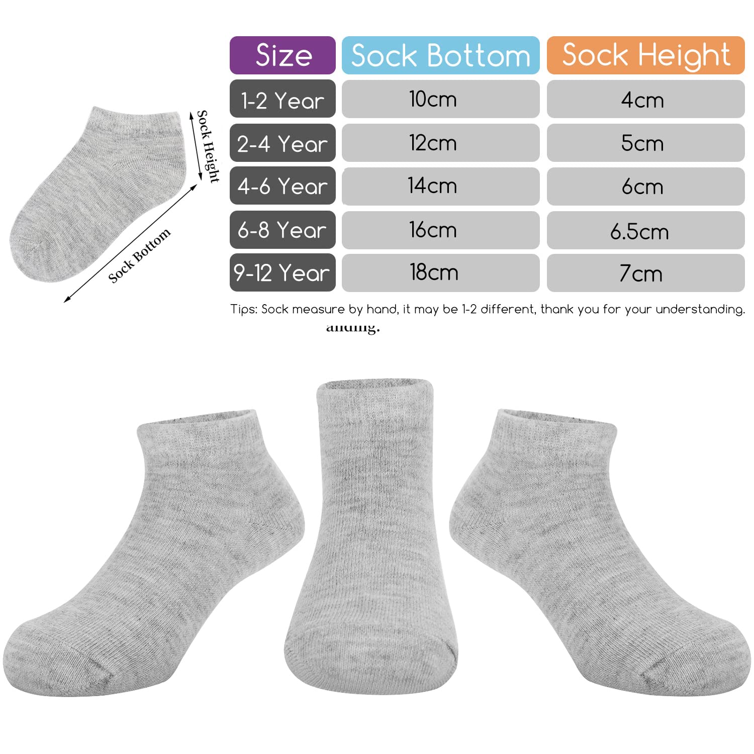 BOOPH 15 Pairs Kids Athletic Socks for Boys & Girls - Half Cushion Low Cut Ankle Socks - Comfortable Breathable for School, Sports & Daily Wear