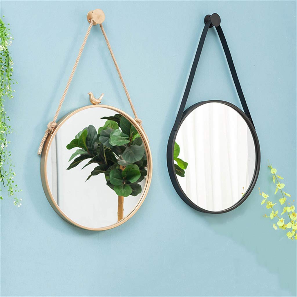 Small Round Bathroom Hanging Wall Mirror with Bird Decoration & Hemp Rope - Gold Frame Vanity Mirror for Makeup (11.8