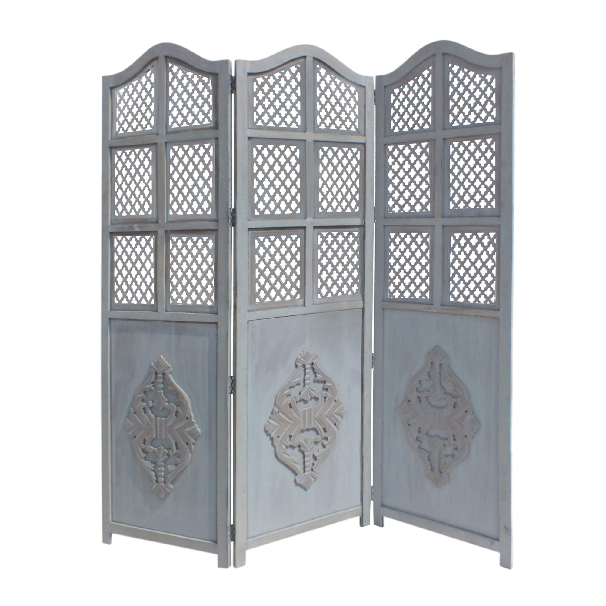 TUP The Urban Port 3-Panel Wooden Room Divider with Traditional Carvings & Cutouts - Blue Privacy Screen for Home, Office, Studio or Event Decoration