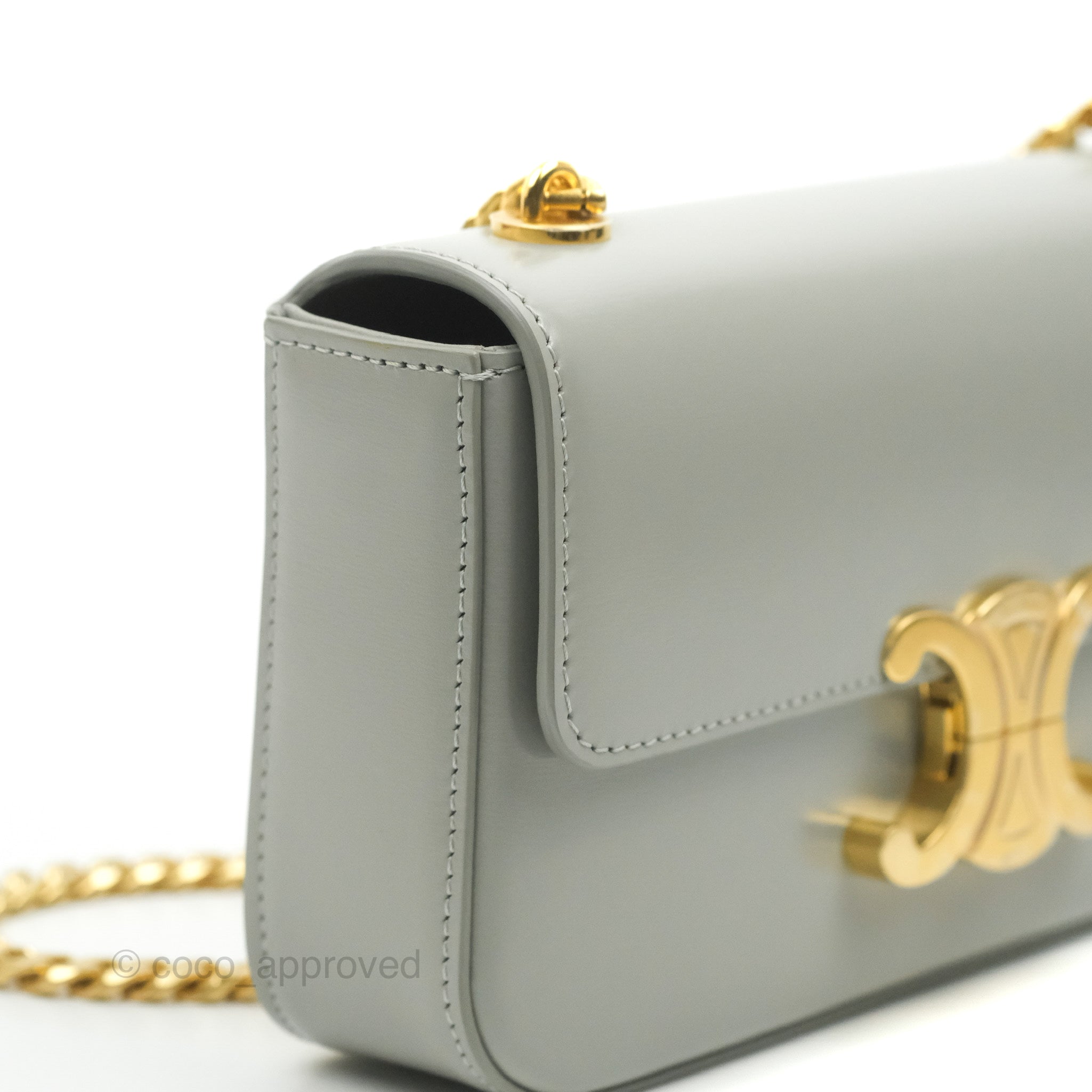 Celine Chain Shoulder Bag in Pale Grey | Shiny Calfskin Leather Crossbody Purse for Women | Perfect for Work, Evening Out & Travel