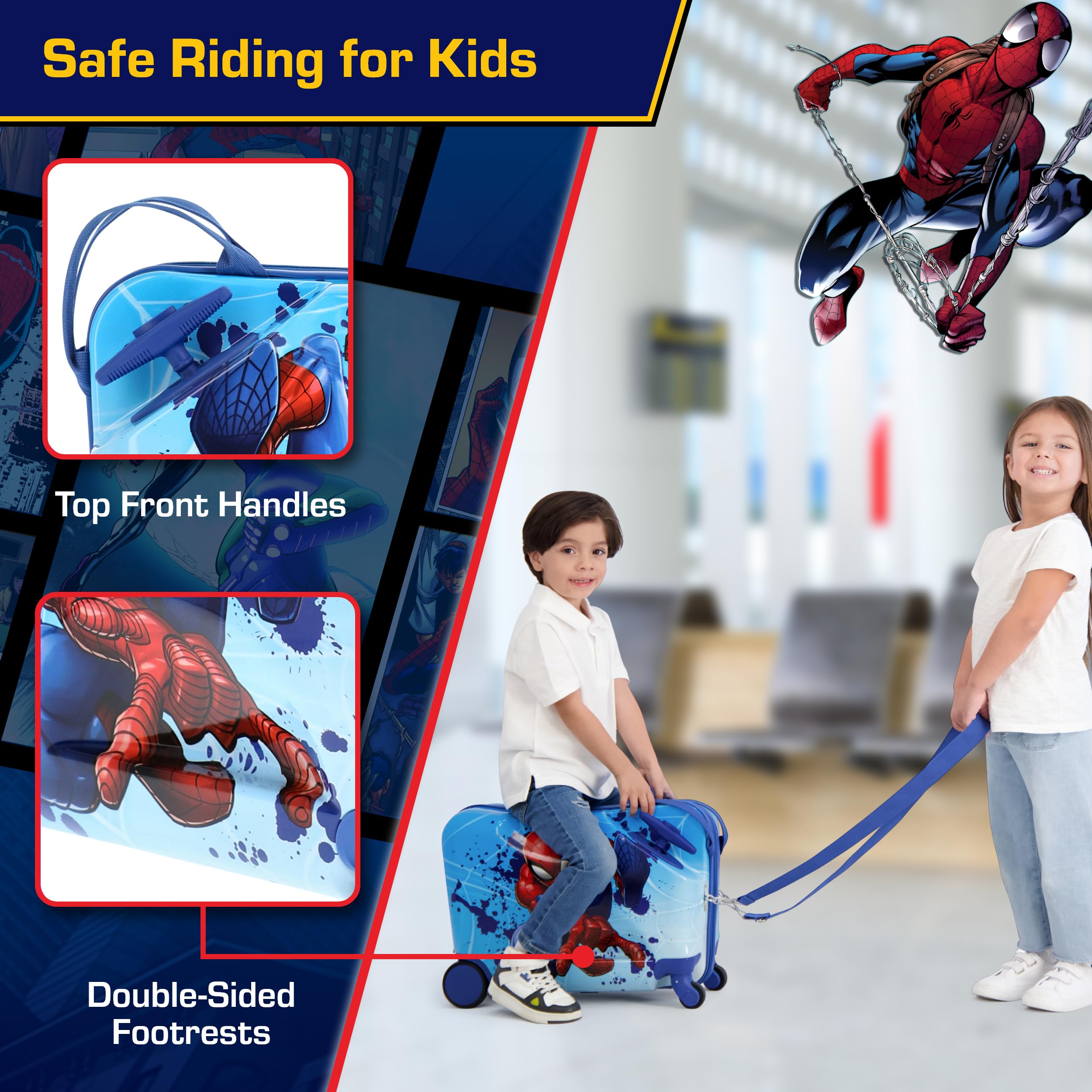 Spider-Man Kids Ride-On Suitcase - 19 Inch Light Blue Hardshell Rolling Luggage with Wheels | Unisex Carry-On Travel Trolley for Airplane & Family Vacations