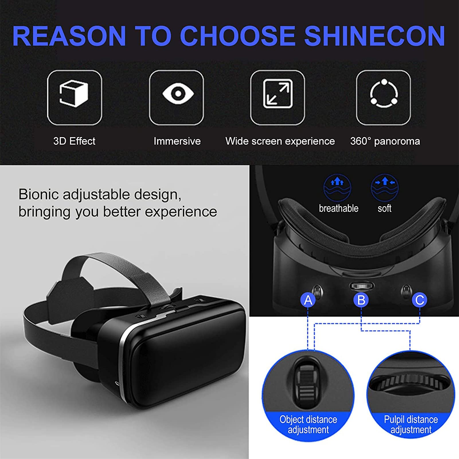 HTYQ 360° 3D VR Headset, Adjustable Virtual Reality Glasses for Kids & Adults - Compatible with iPhone & Android Phones (4.7-6.53 Inch) - Perfect for Gaming, Movies & Virtual Tours