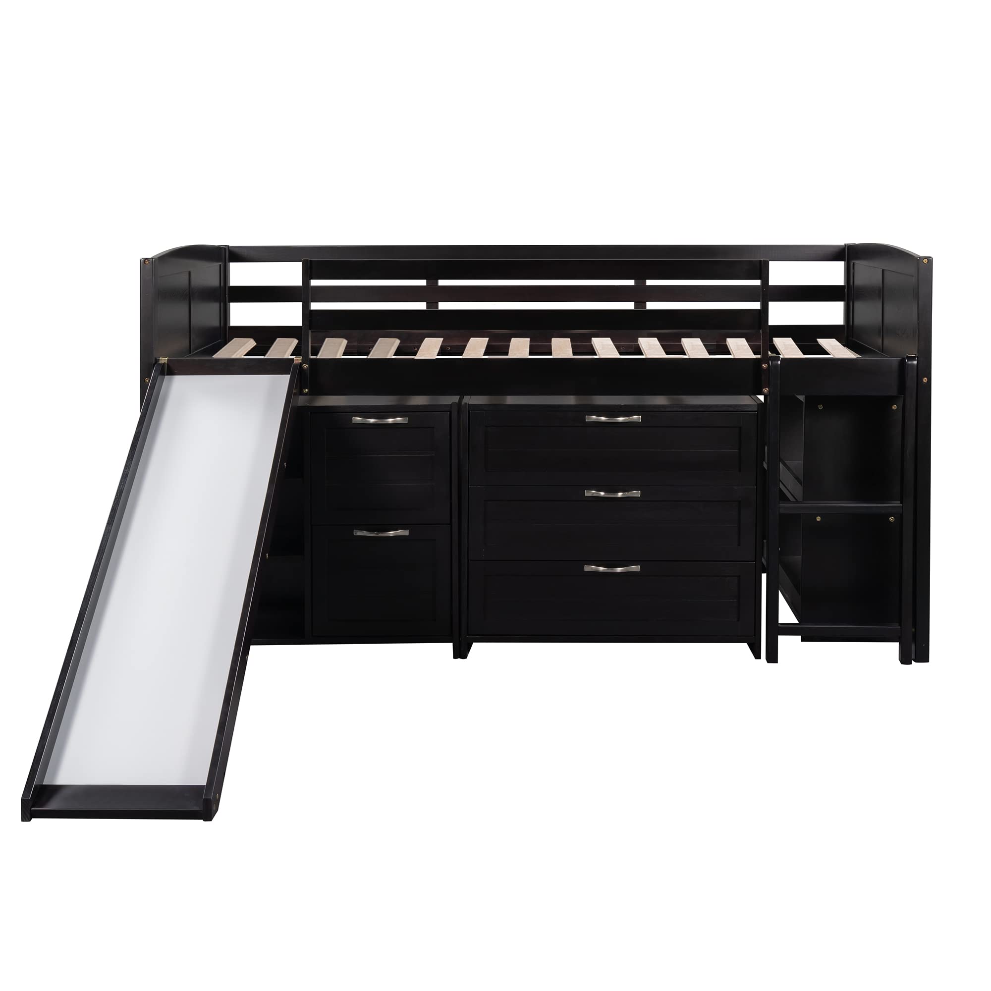 MERITLINE Twin Loft Bed with Slide - Kids Wooden Loft Bed with Storage Shelves, Drawers & Cabinet - Low Profile Twin Size Loft Bed Frame for Bedroom, Living Room or Playroom - Espresso Finish (New)