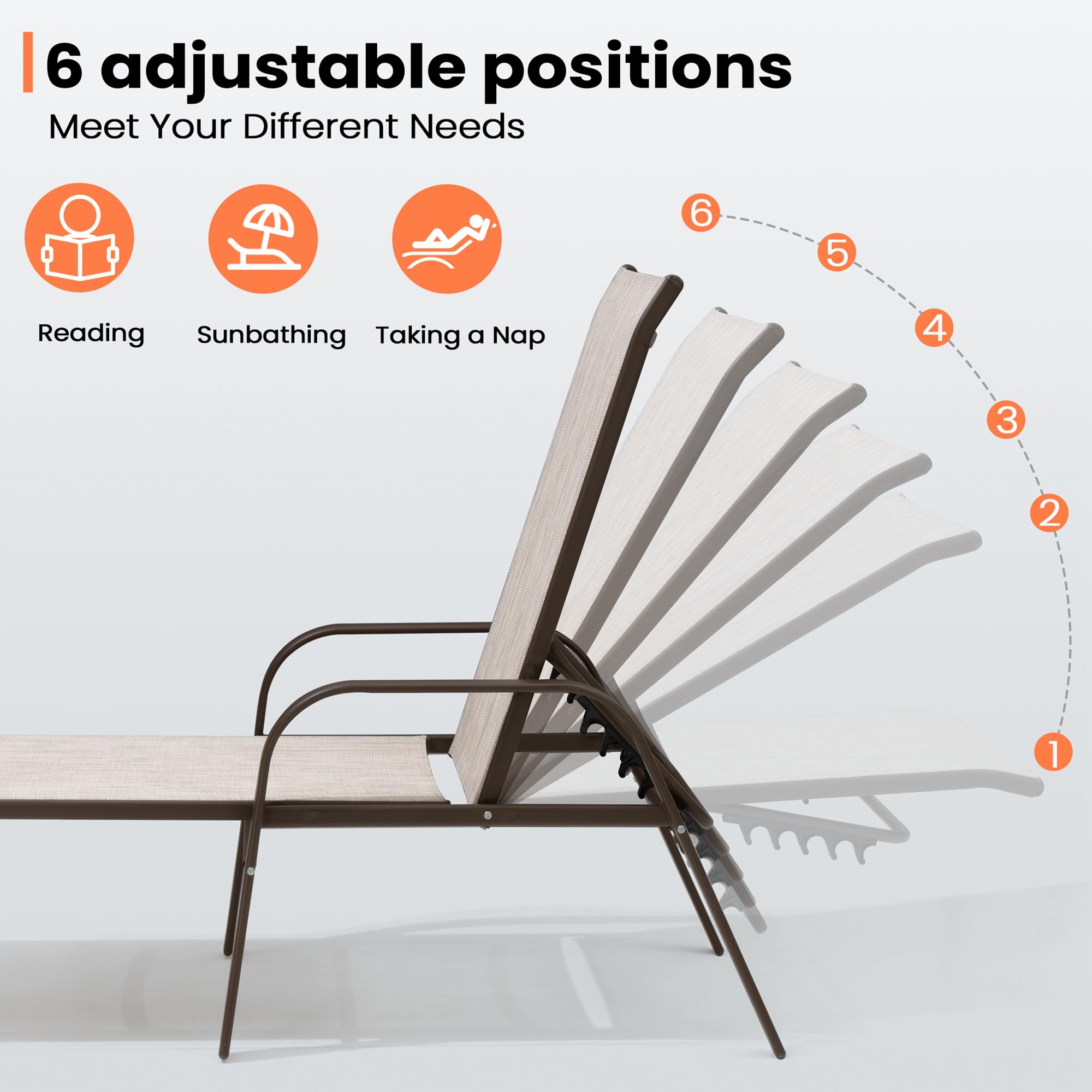 Adjustable Patio Chaise Lounge Chair - 5-Position Steel Folding Outdoor Recliner for Beach, Pool, Yard & Garden - 2-Piece Set in Beige - Perfect for Sunbathing, Relaxing by the Poolside or Backyard Lounging