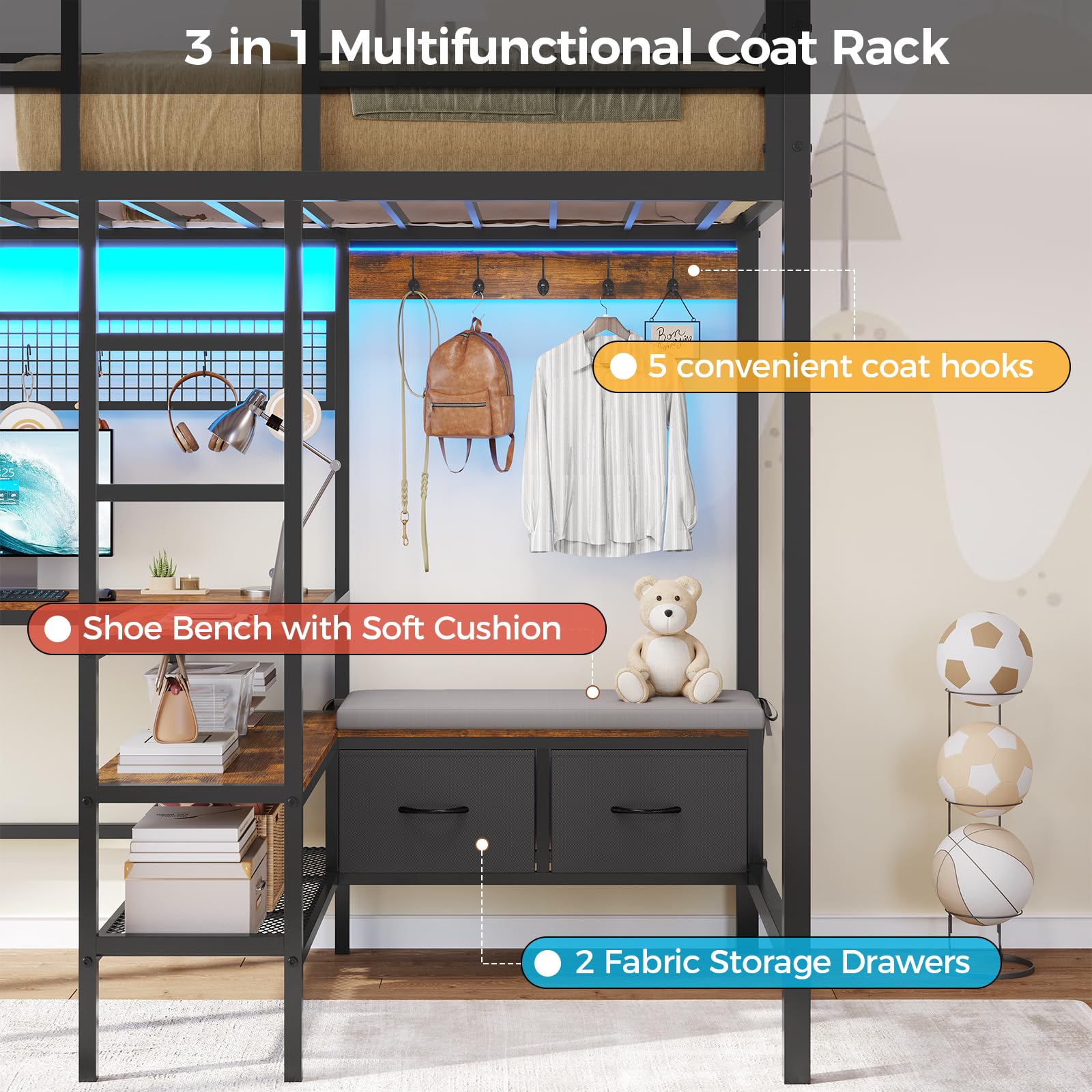 Twin Loft Bed with L-Shaped Desk & Charging Station - Metal Bunk Bed Frame with LED Lights, Storage Shelves, Coat Rack & 2 Drawers - Top Bunk Safety Guard & Stair - Space-Saving Kids/Teens Bedroom Solution for Small Rooms & Dorms (Black)