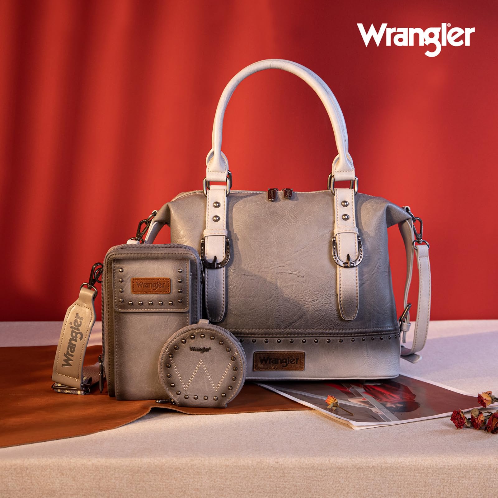 Wrangler 3-Piece Women's Doctor Bag Set - Top Handle Satchel Purse with Matching Cell Phone Bag & Coin Wallet | Professional Work Bag, Office Essentials, Business Travel Accessories