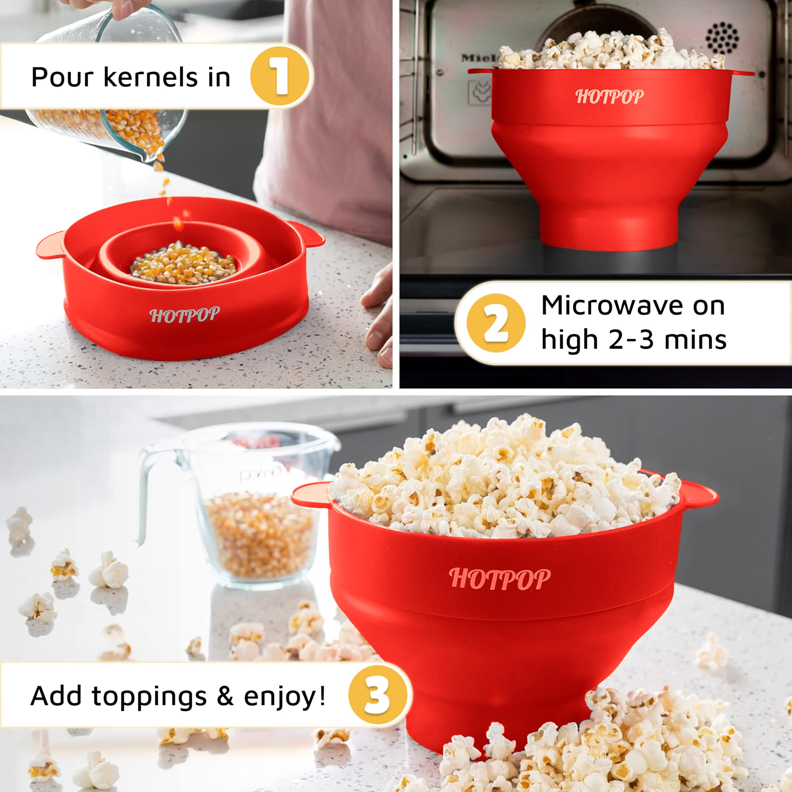 POPCO Microwave Popcorn Bowl - BPA-Free Silicone Popcorn Popper with Heat-Resistant Handles | Collapsible Design (2.3-Inch Folded) | Dishwasher Safe | Perfect for Movie Nights, Parties & Healthy Snacks | Family Size Popcorn Maker in Red