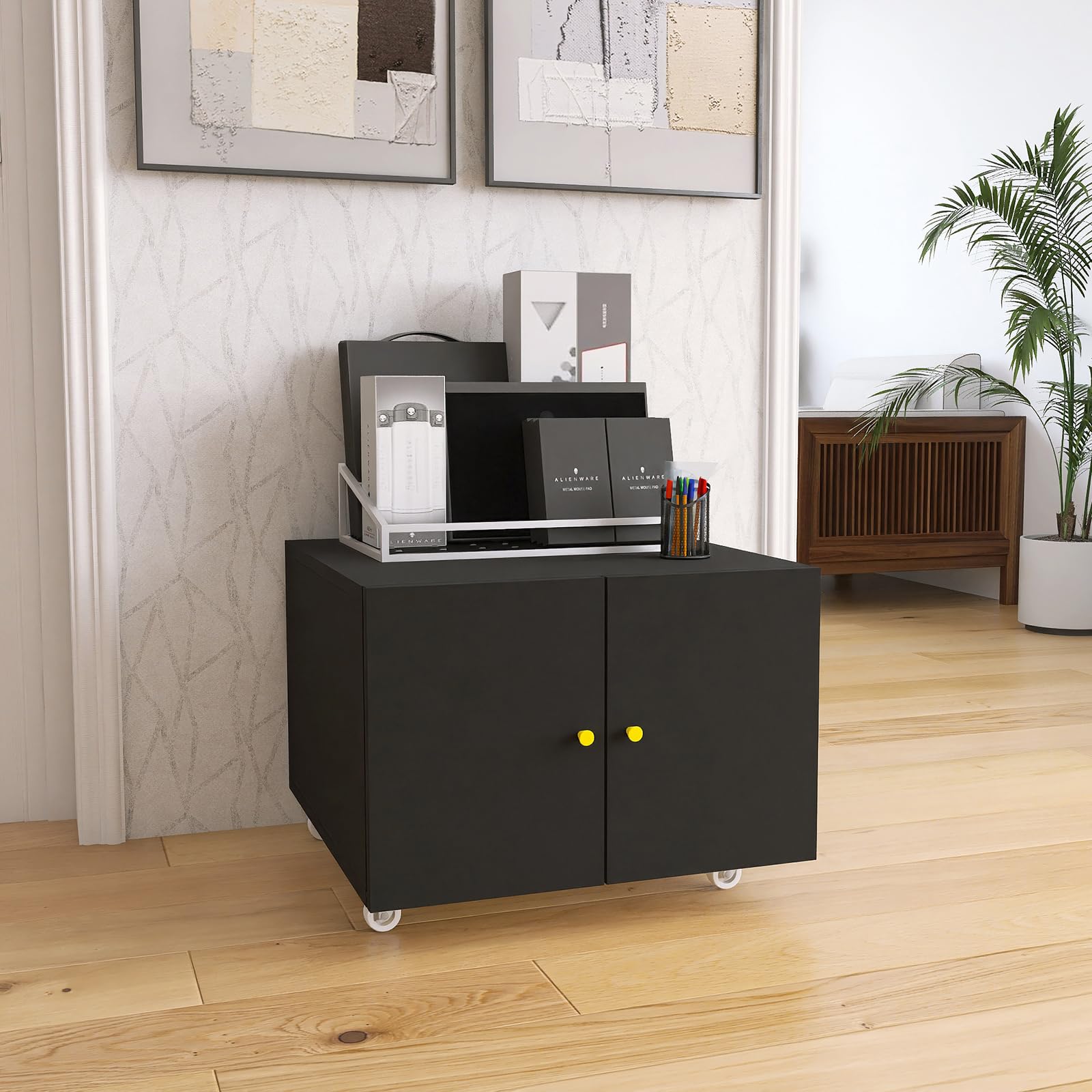 Compact Metal Printer Stand with Storage Doors - Modern Black Under Desk Organizer for Fax Machine, Scanner & Computer - Perfect for Small Home Office Spaces & Workspace Organization
